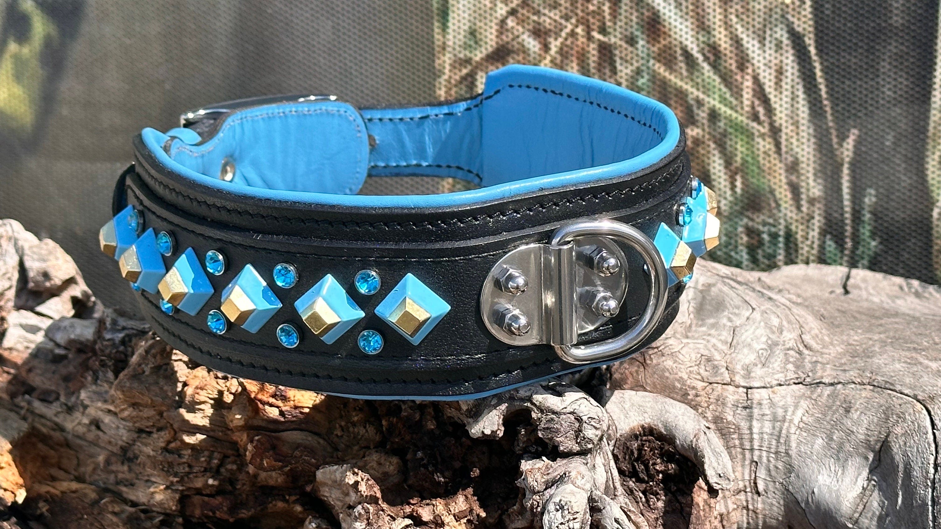 Blue Crystal Leather Dog Collar: Handmade Personalized Collar