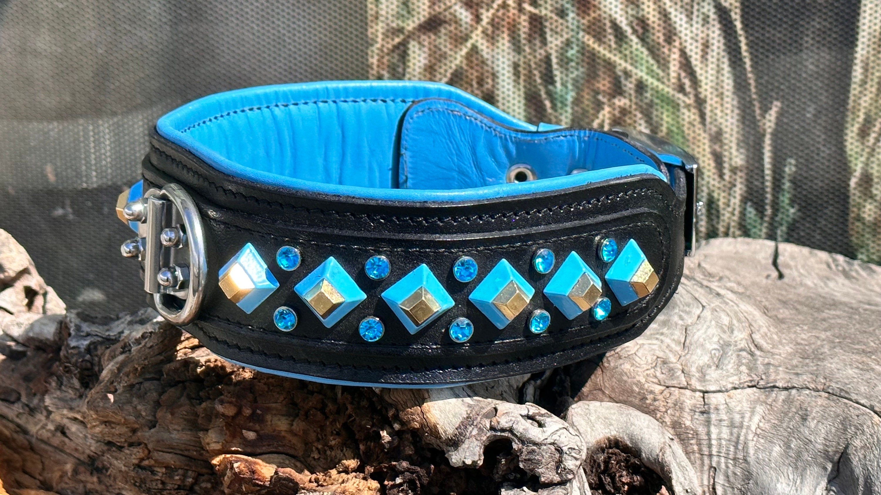 Blue Crystal Leather Dog Collar: Handmade Personalized Collar