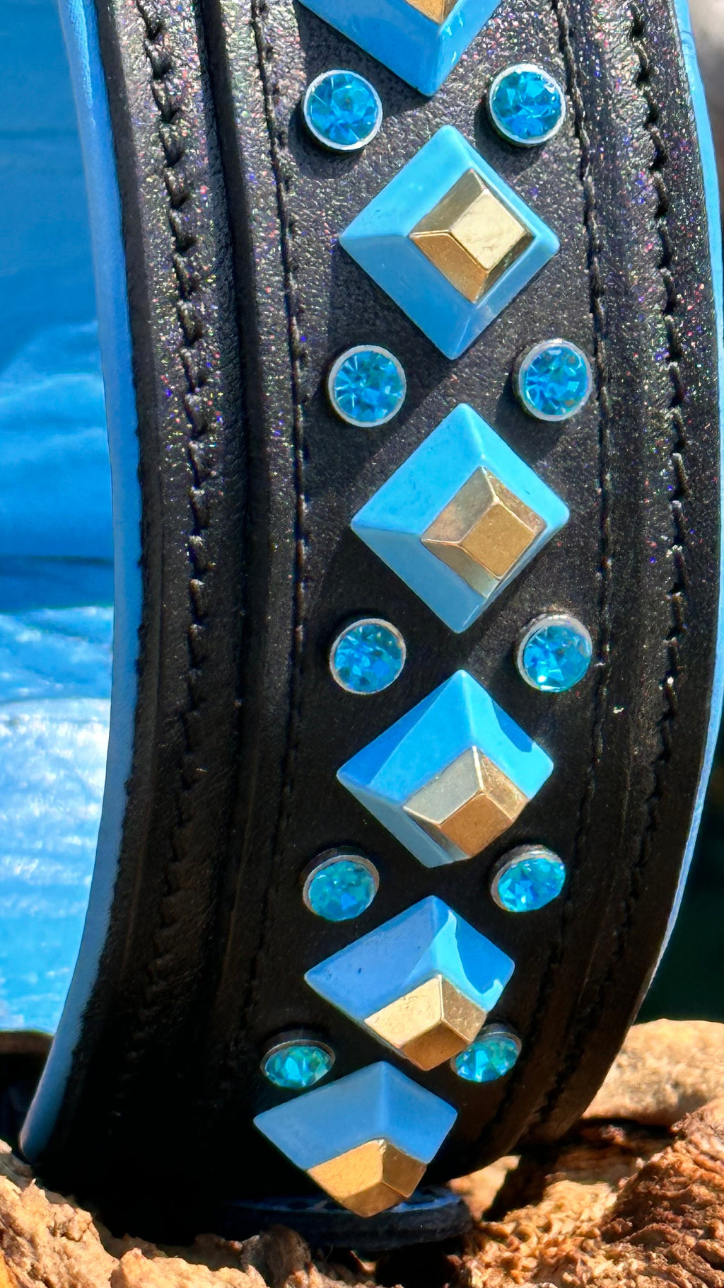 Blue Crystal Leather Dog Collar: Handmade Personalized Collar