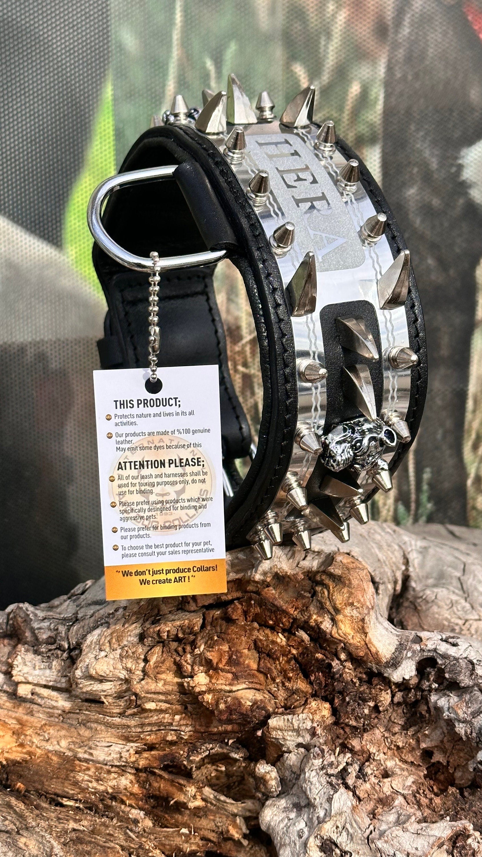 Handmade leather dog collar with custom engraved name plate and sturdy buckle, designed for stylish and secure pet wear.