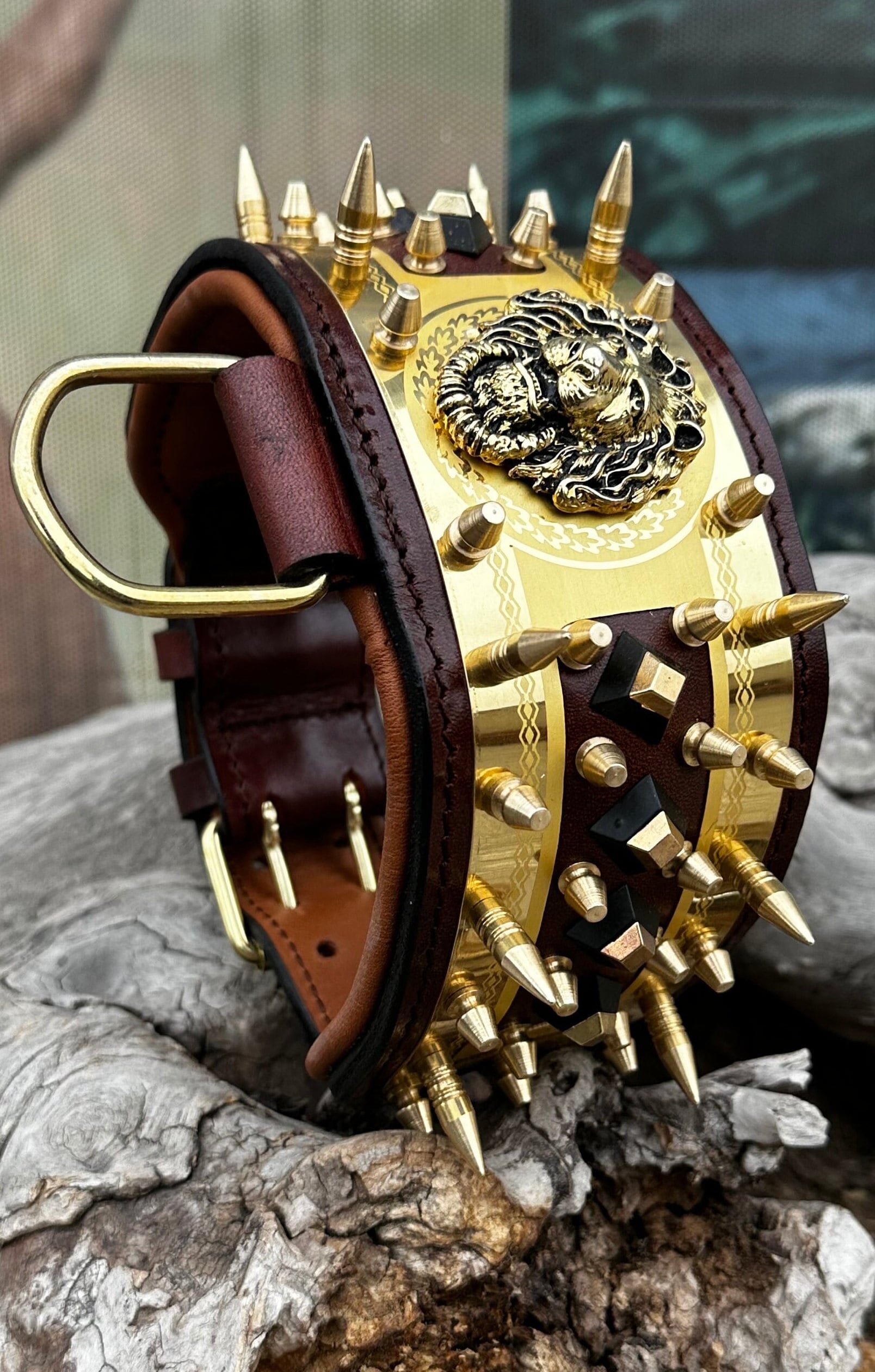 Handmade Leather Dog Collar: Lion Figured, Gold Brass, Engraved Nameplate