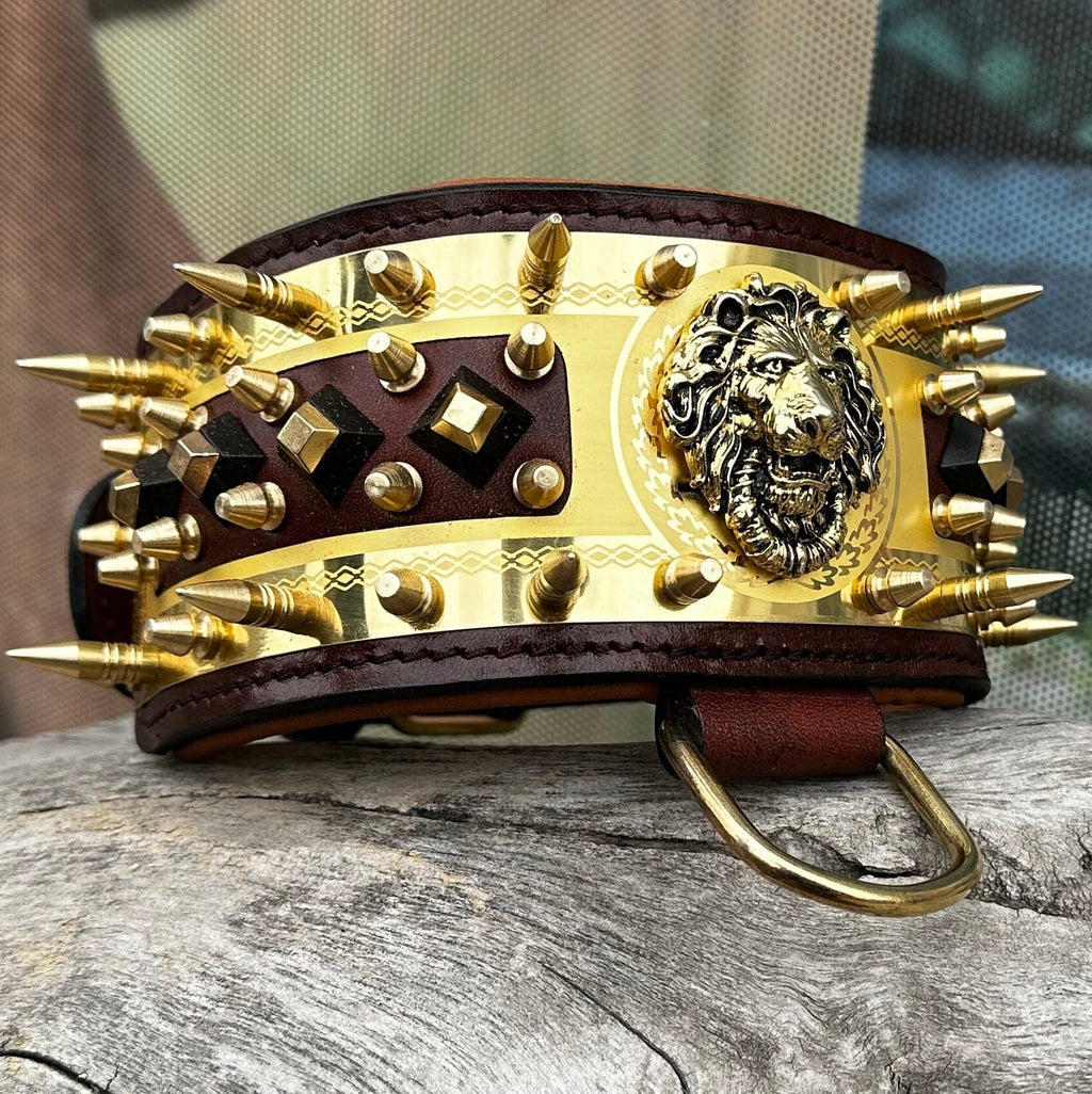 Handmade Leather Dog Collar: Lion Figured, Gold Brass, Engraved Nameplate