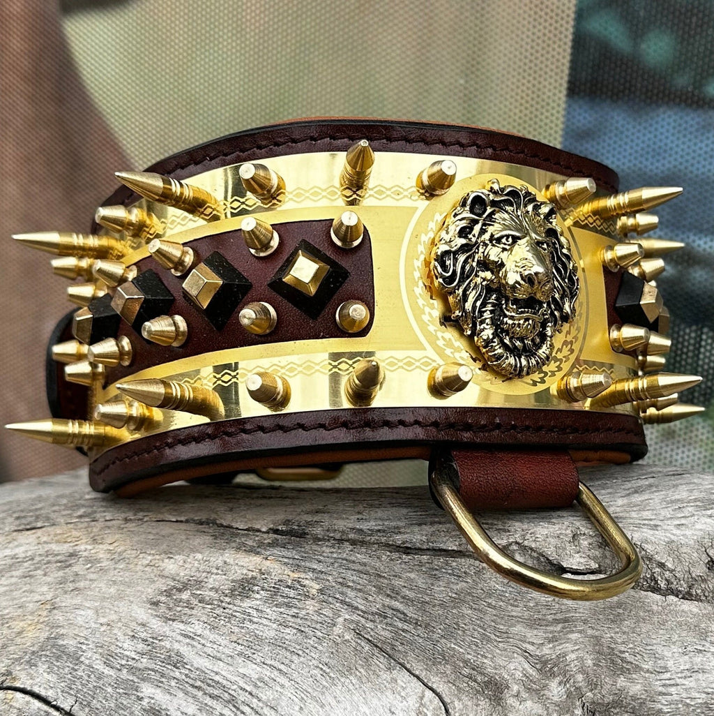 Handmade Leather Dog Collar: Lion Figured, Gold Brass, Engraved Nameplate