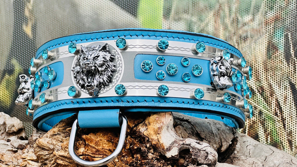 Handmade Blue Crystal Leather Dog Collar: Wide Luxury Collar for Large Breeds