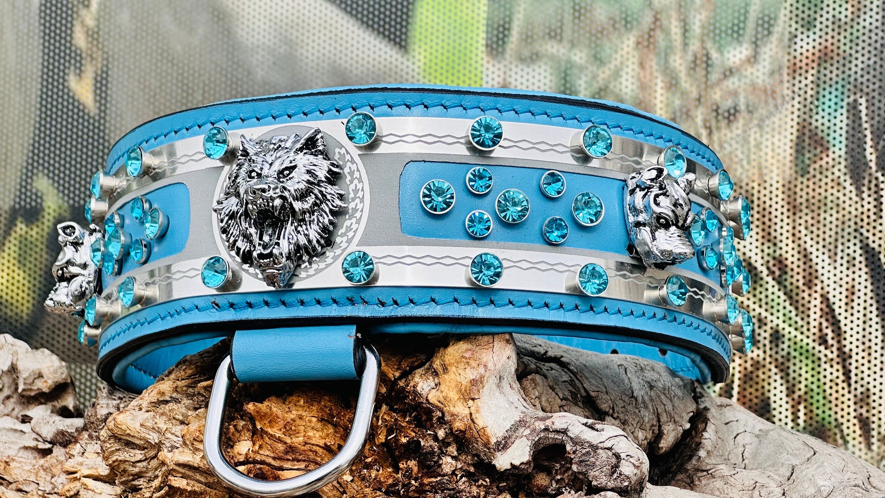 Handmade Blue Crystal Leather Dog Collar: Wide Luxury Collar for Large Breeds