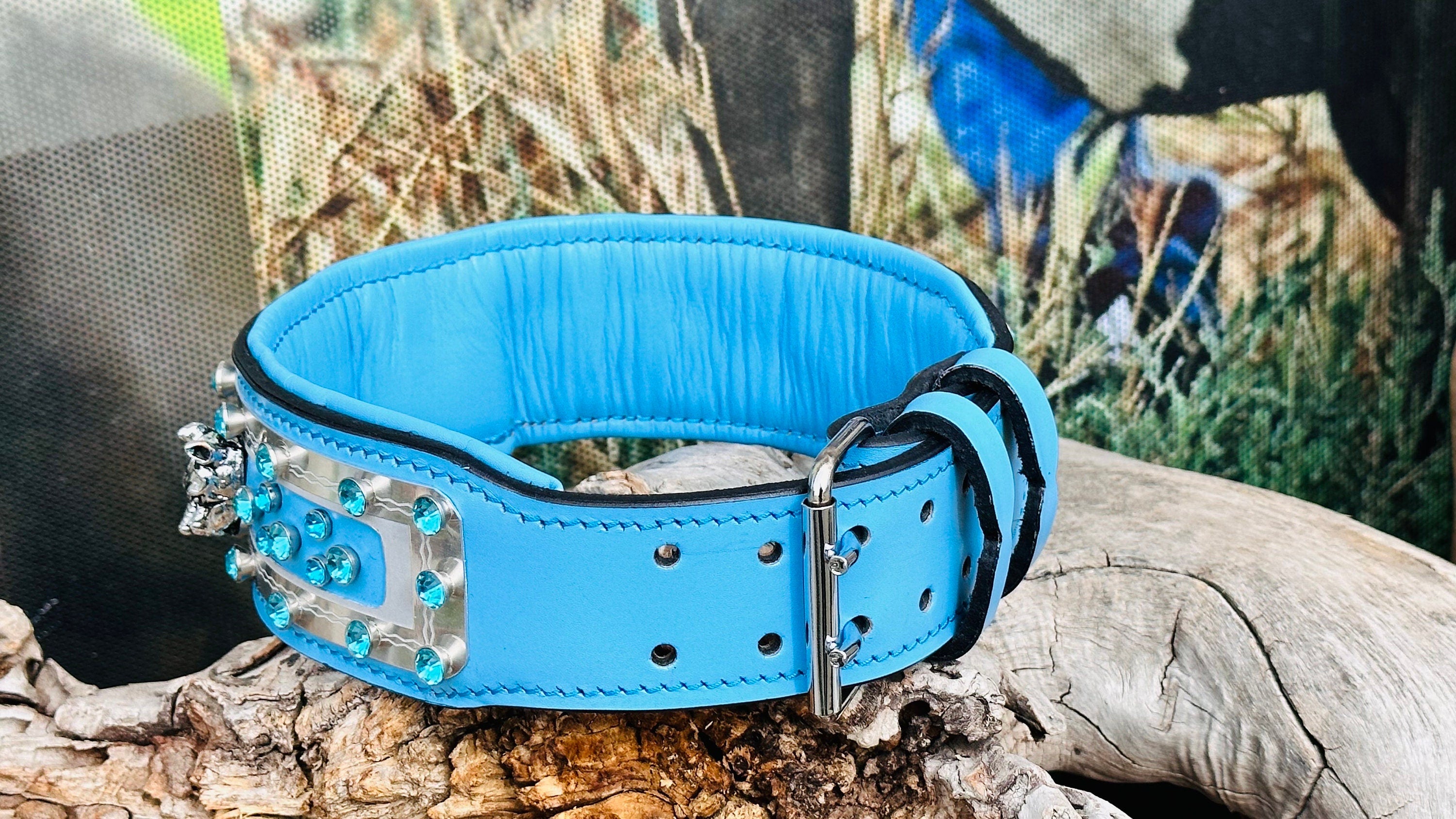 Handmade Blue Crystal Leather Dog Collar: Wide Luxury Collar for Large Breeds