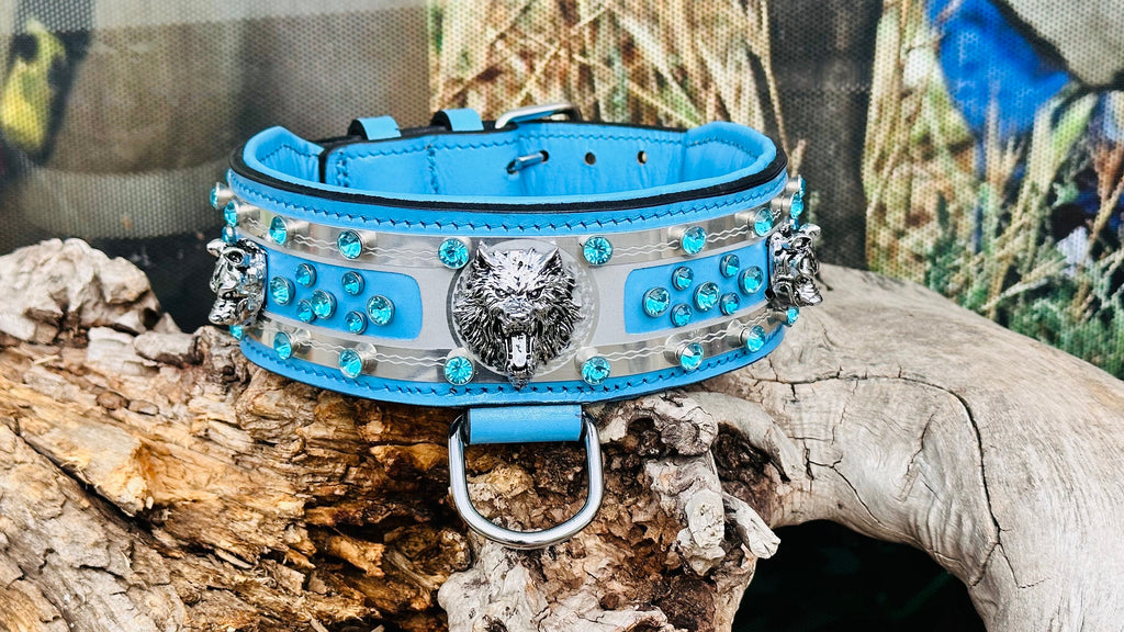 Handmade Blue Crystal Leather Dog Collar: Wide Luxury Collar for Large Breeds