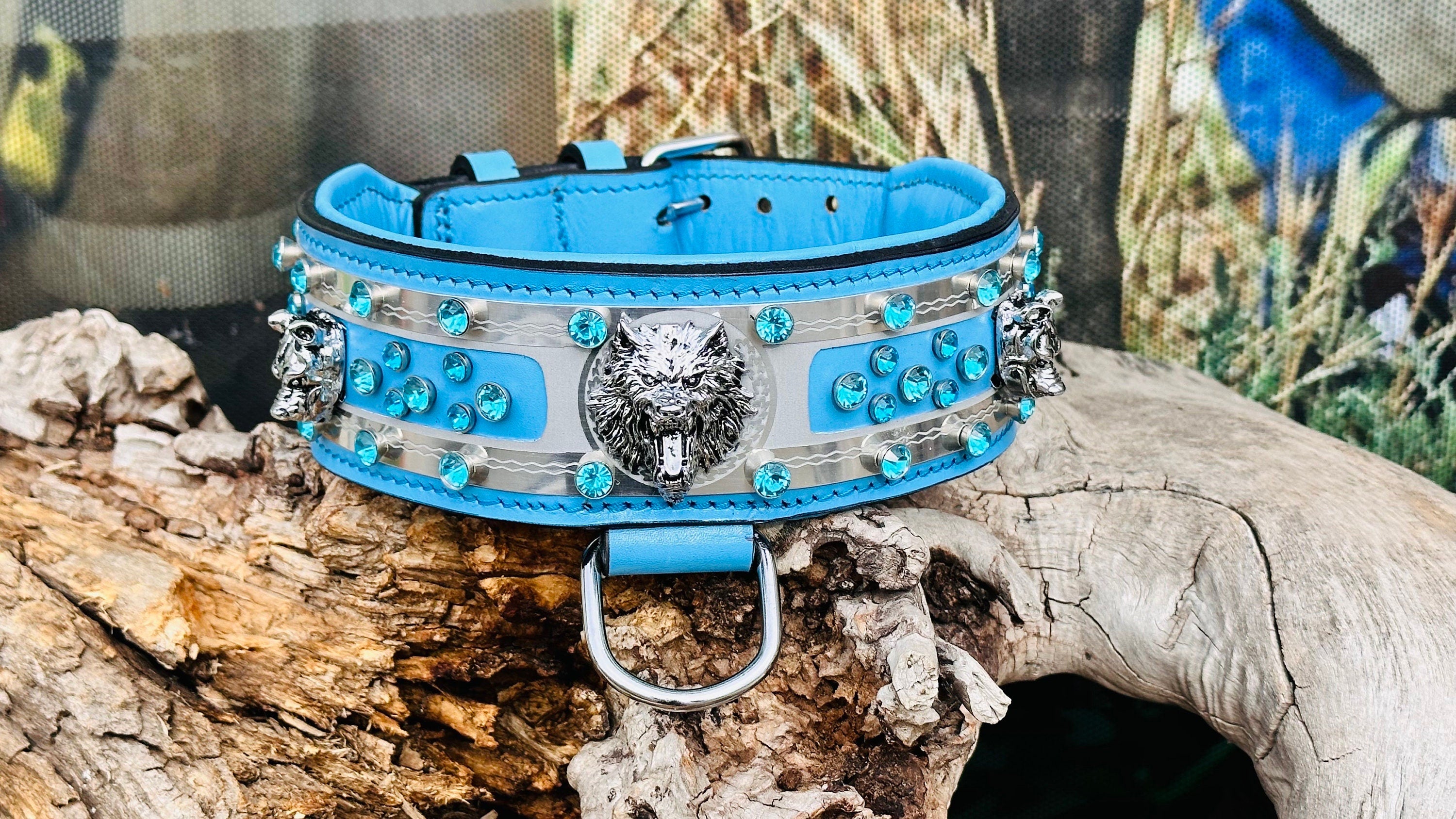 Handmade Blue Crystal Leather Dog Collar: Wide Luxury Collar for Large Breeds