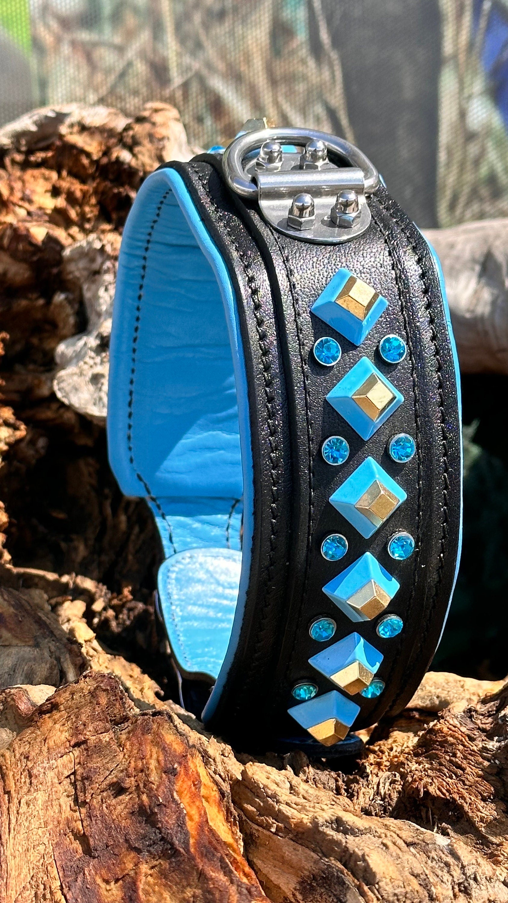 Blue Crystal Leather Dog Collar: Handmade Personalized Collar