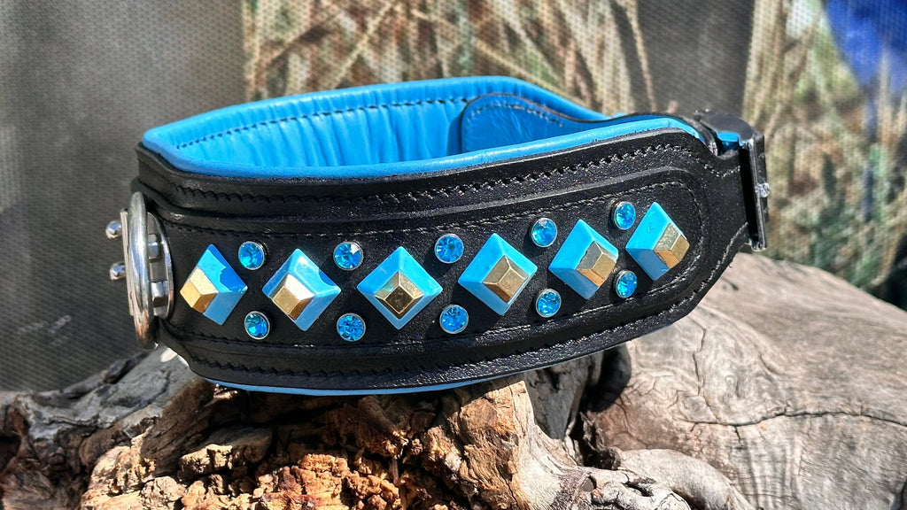 Blue Crystal Leather Dog Collar: Handmade Personalized Collar