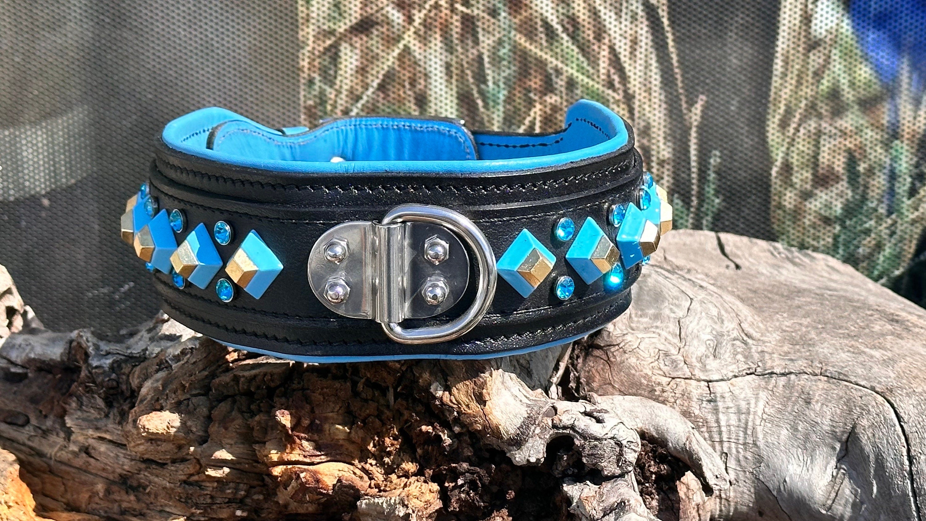 Blue Crystal Leather Dog Collar: Handmade Personalized Collar