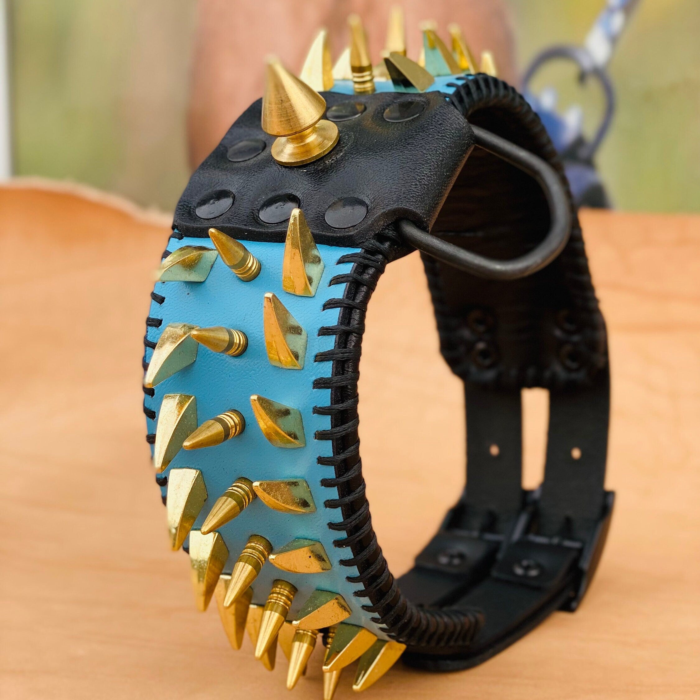 Turquoise Spiked Leather Dog Collar: Gold Spikes, Black Stitch - American Bully