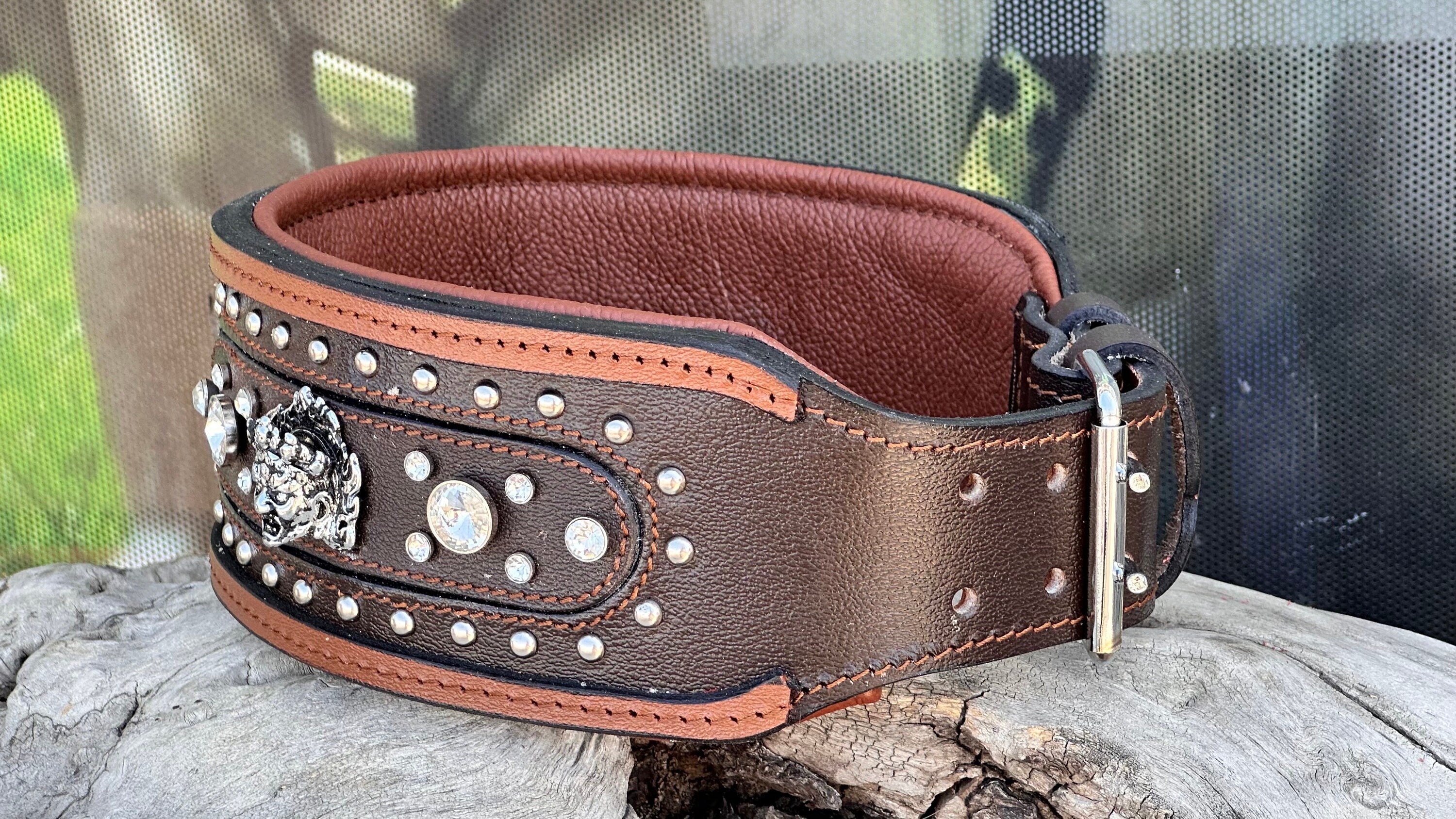 Handmade Brown Leather Crystal Dog Collar - Personalized Engraved Name Plate