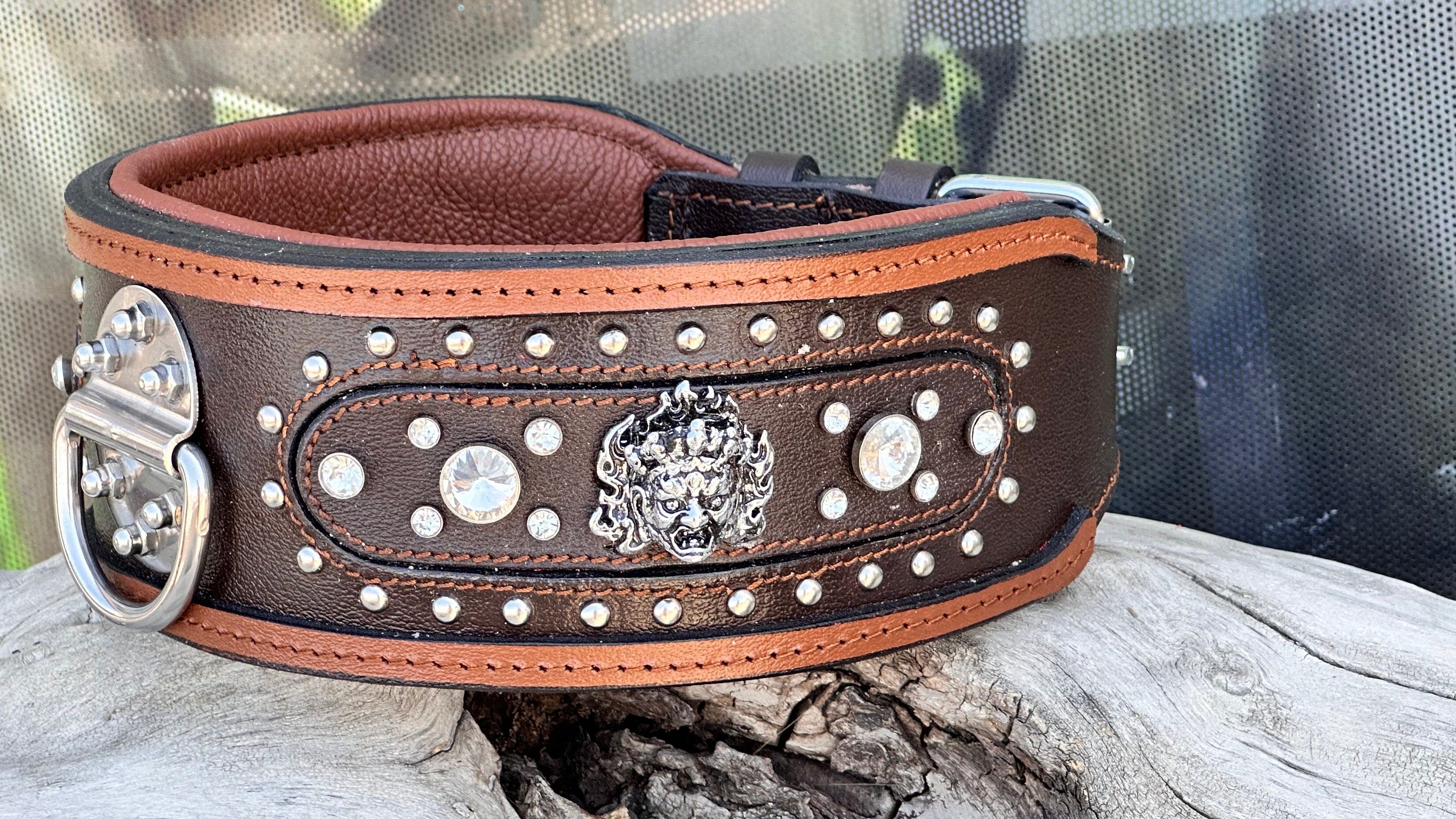 Handmade Brown Leather Crystal Dog Collar - Personalized Engraved Name Plate