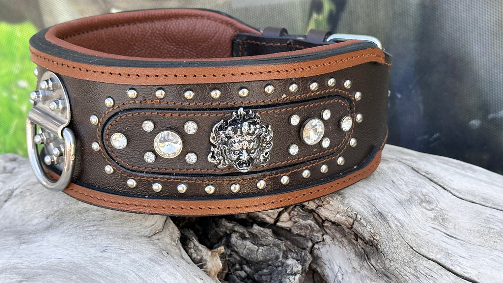 Handmade Brown Leather Crystal Dog Collar - Personalized Engraved Name Plate