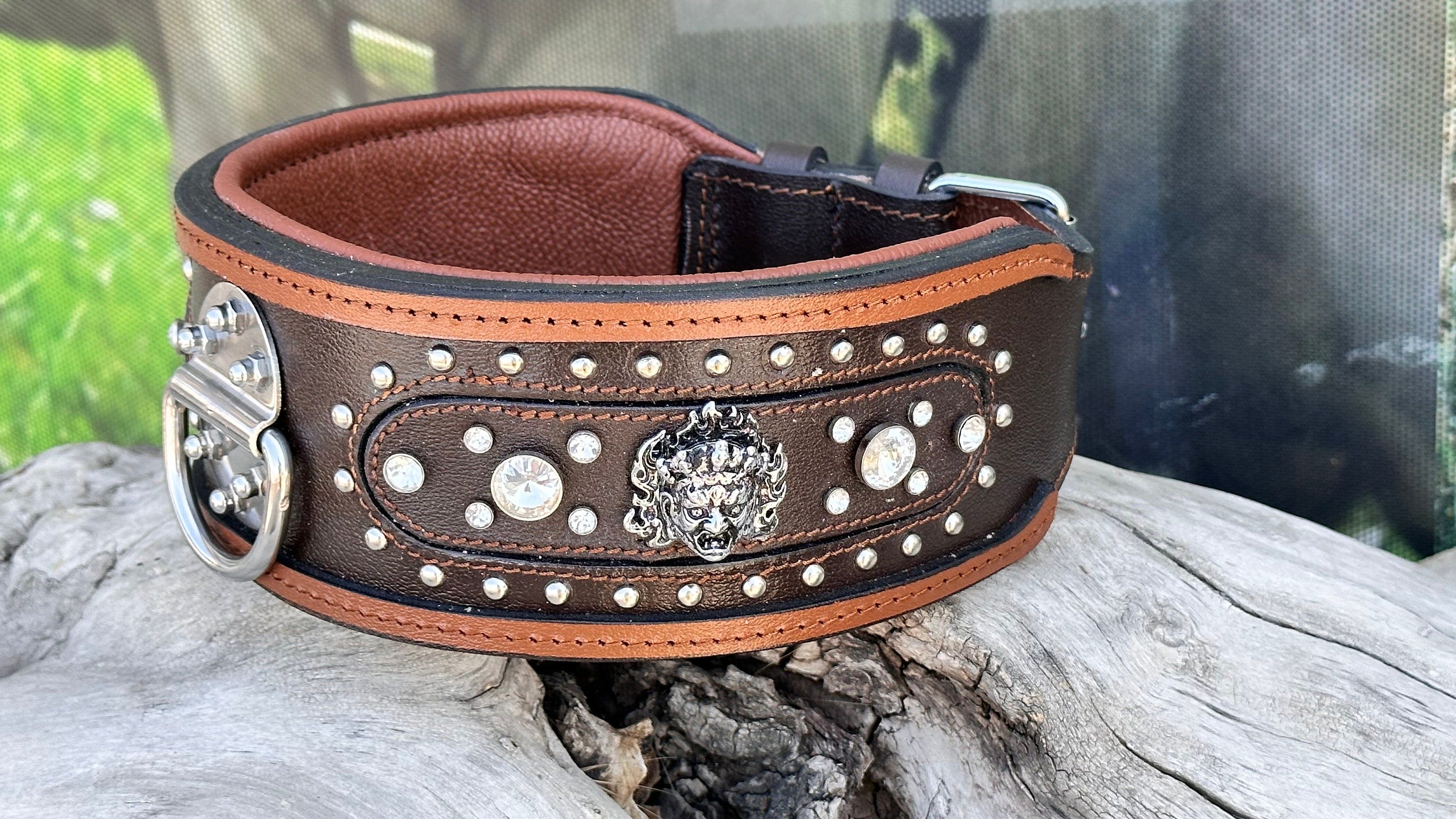 Handmade Brown Leather Crystal Dog Collar - Personalized Engraved Name Plate