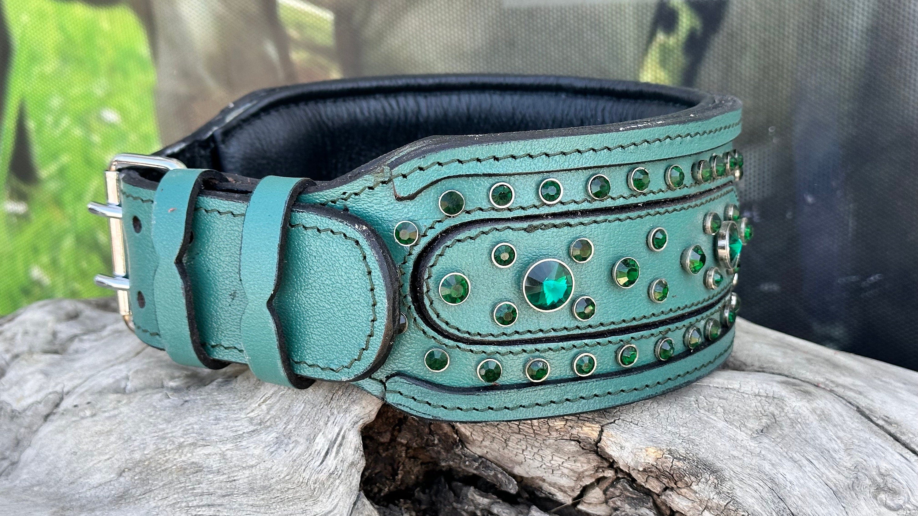 Blue Leather Crystal Dog Collar: Custom Engraved Name Plate