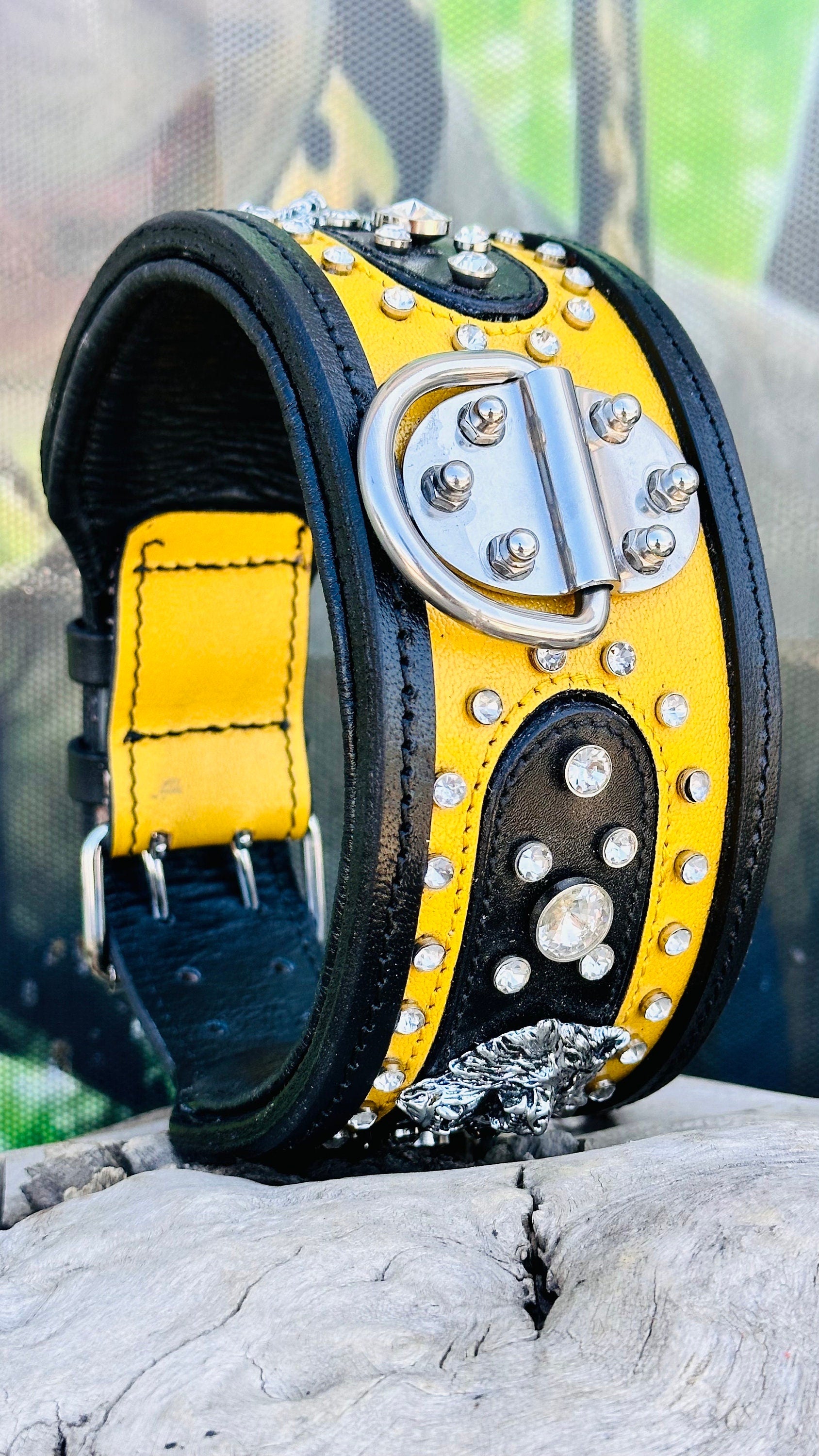Black & Yellow Crystal Dog Collar: Custom Engraved Leather Collar