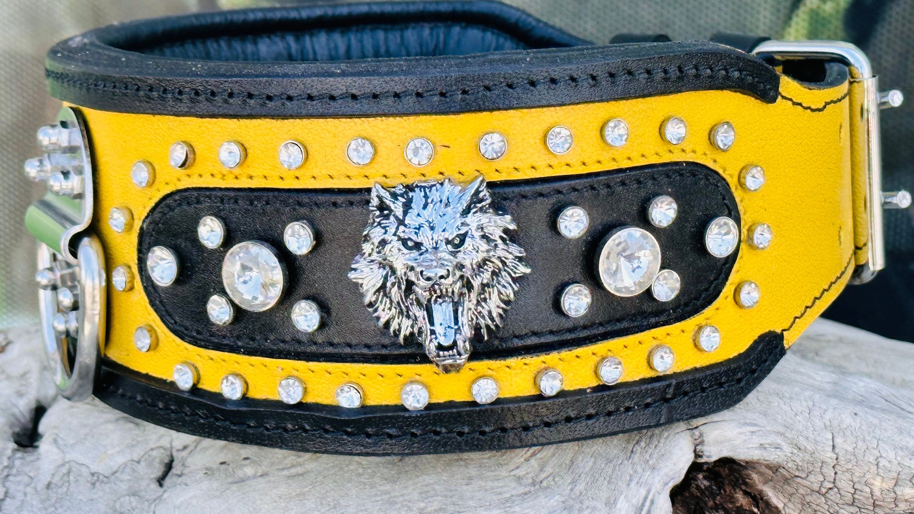 Black & Yellow Crystal Dog Collar: Custom Engraved Leather Collar