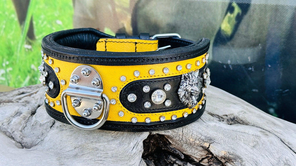 Black & Yellow Crystal Dog Collar: Custom Engraved Leather Collar