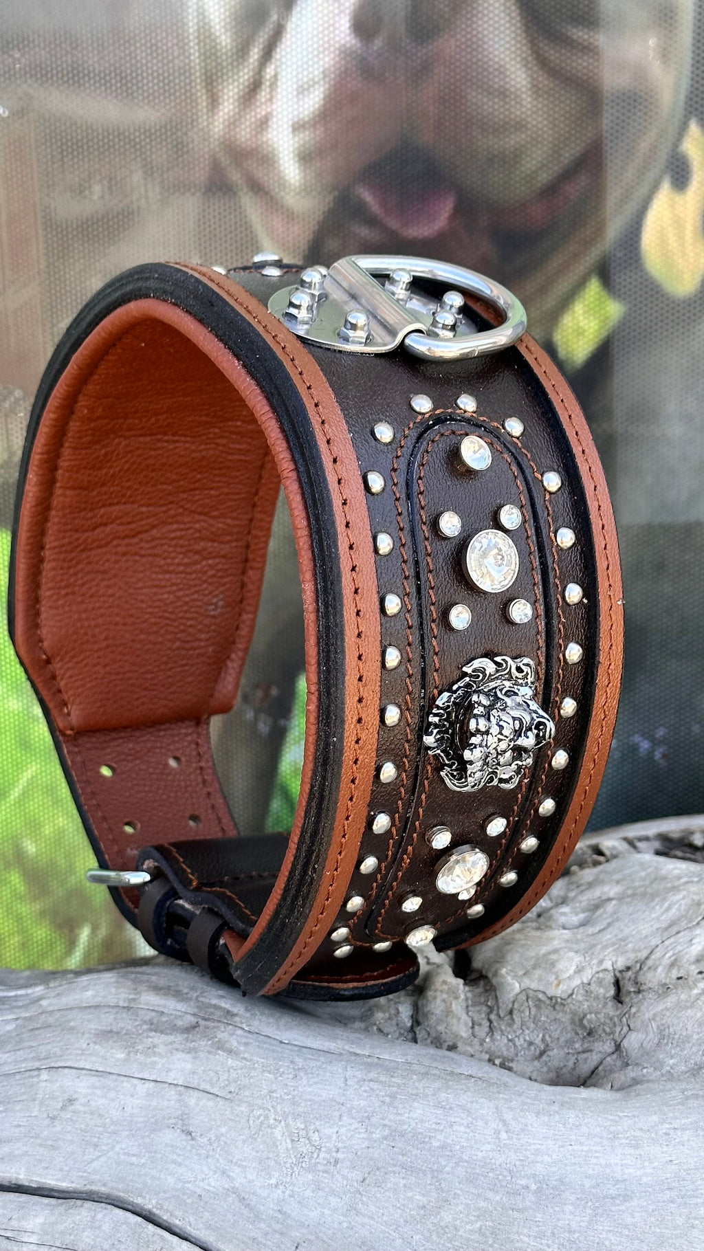 Handmade Brown Leather Crystal Dog Collar - Personalized Engraved Name Plate