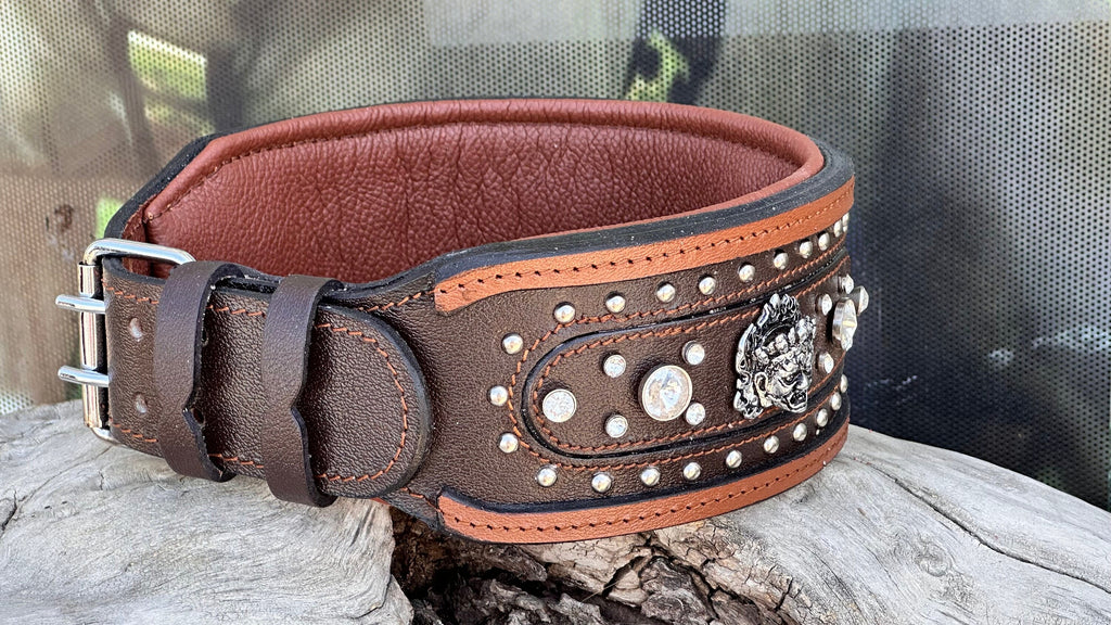 Handmade Brown Leather Crystal Dog Collar - Personalized Engraved Name Plate