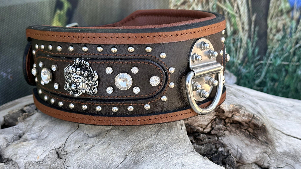 Handmade Brown Leather Crystal Dog Collar - Personalized Engraved Name Plate