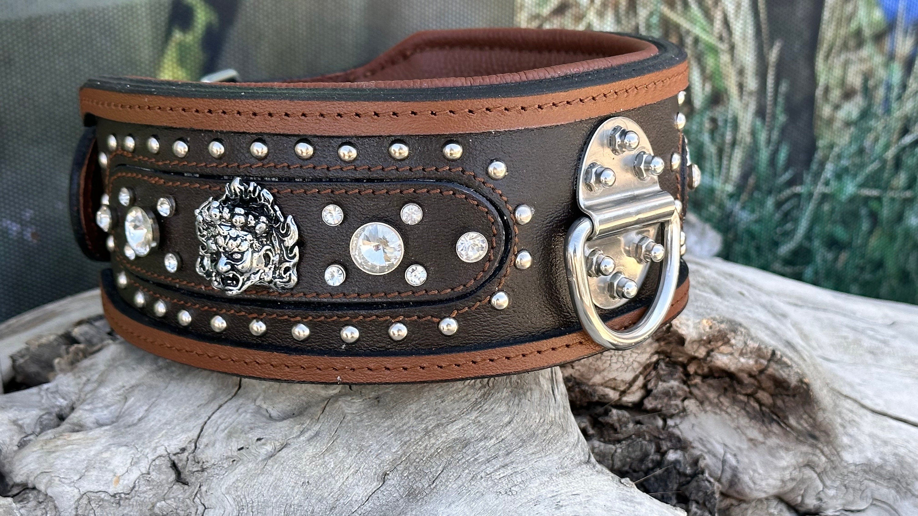 Handmade Brown Leather Crystal Dog Collar - Personalized Engraved Name Plate