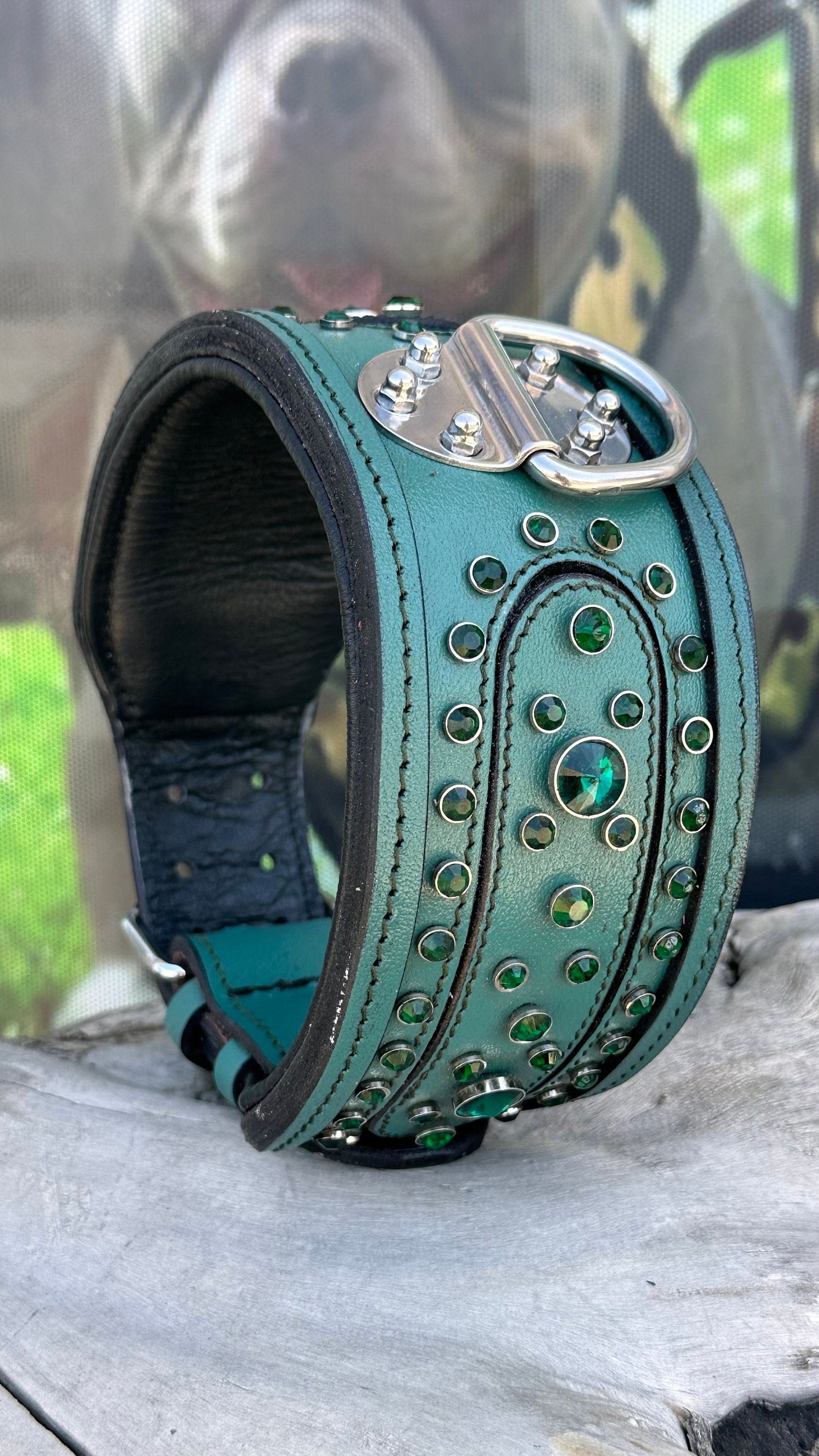 Blue Leather Crystal Dog Collar: Custom Engraved Name Plate