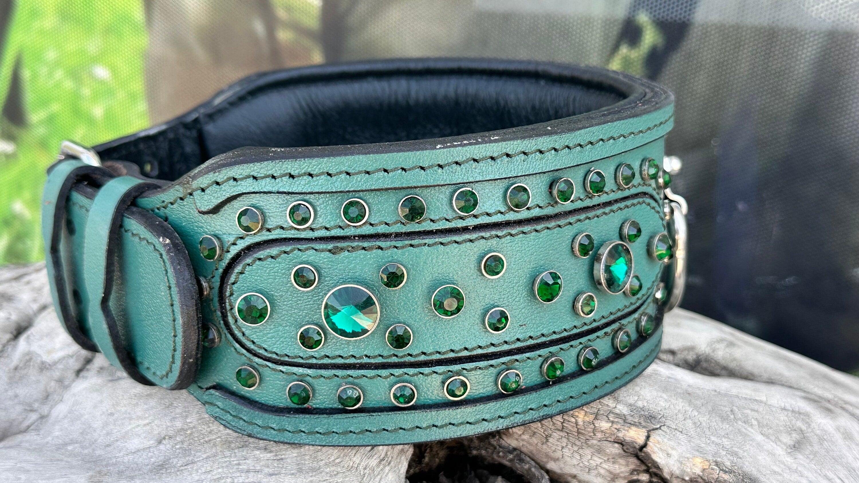 Blue Leather Crystal Dog Collar: Custom Engraved Name Plate