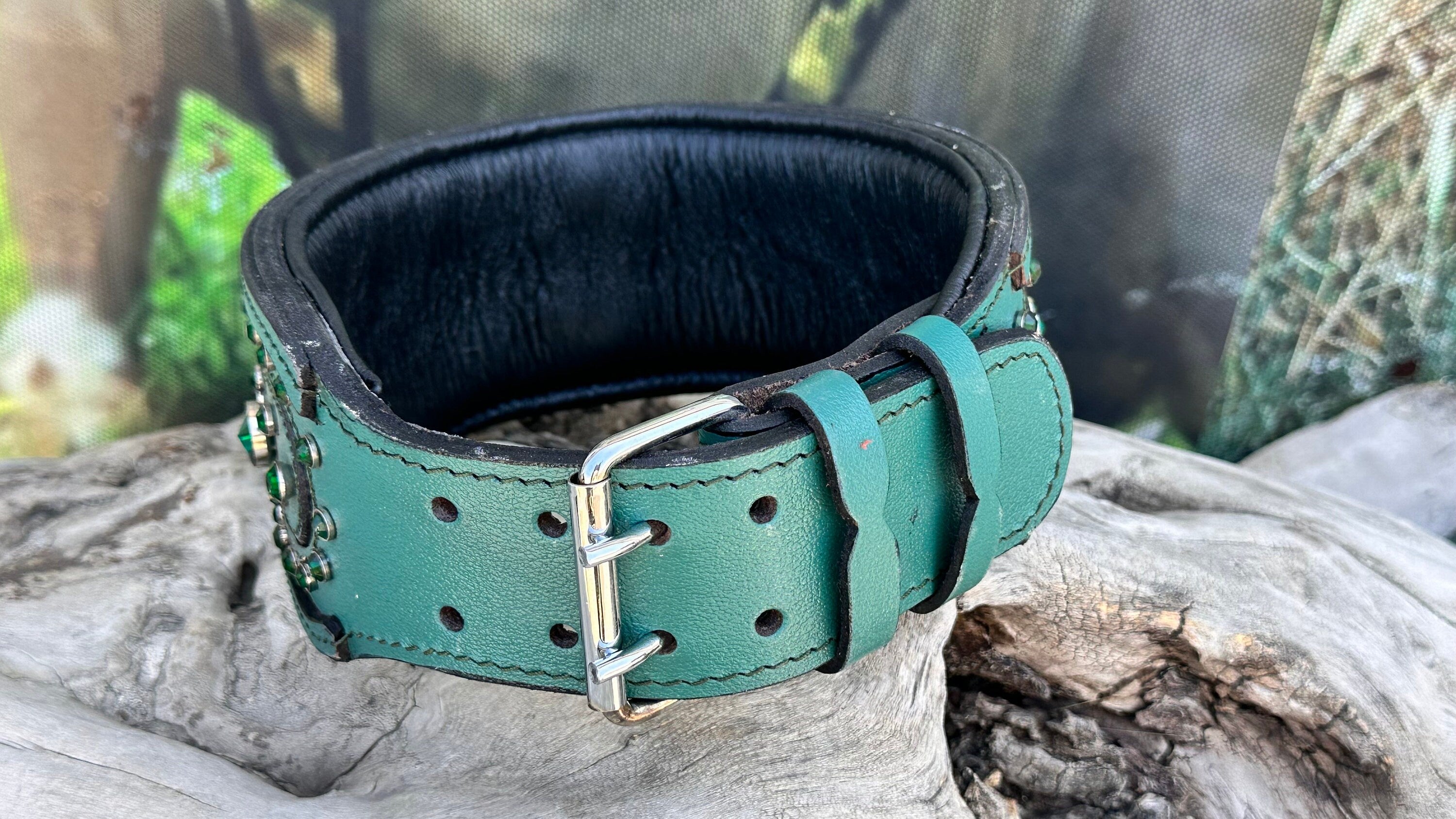 Blue Leather Crystal Dog Collar: Custom Engraved Name Plate