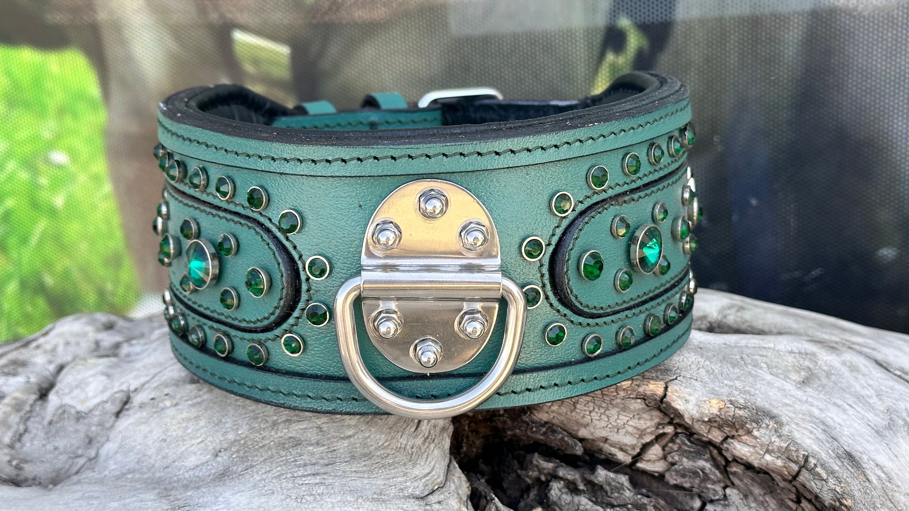 Blue Leather Crystal Dog Collar: Custom Engraved Name Plate