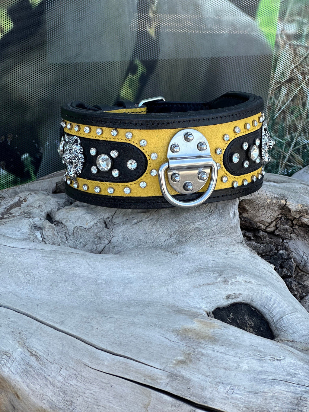 Black & Yellow Crystal Dog Collar: Custom Engraved Leather Collar