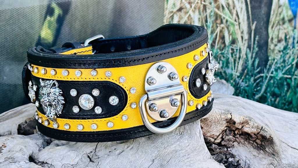 Black & Yellow Crystal Dog Collar: Custom Engraved Leather Collar