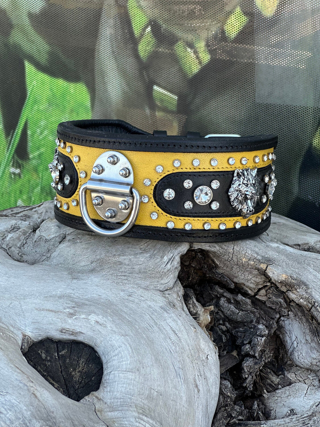 Black & Yellow Crystal Dog Collar: Custom Engraved Leather Collar