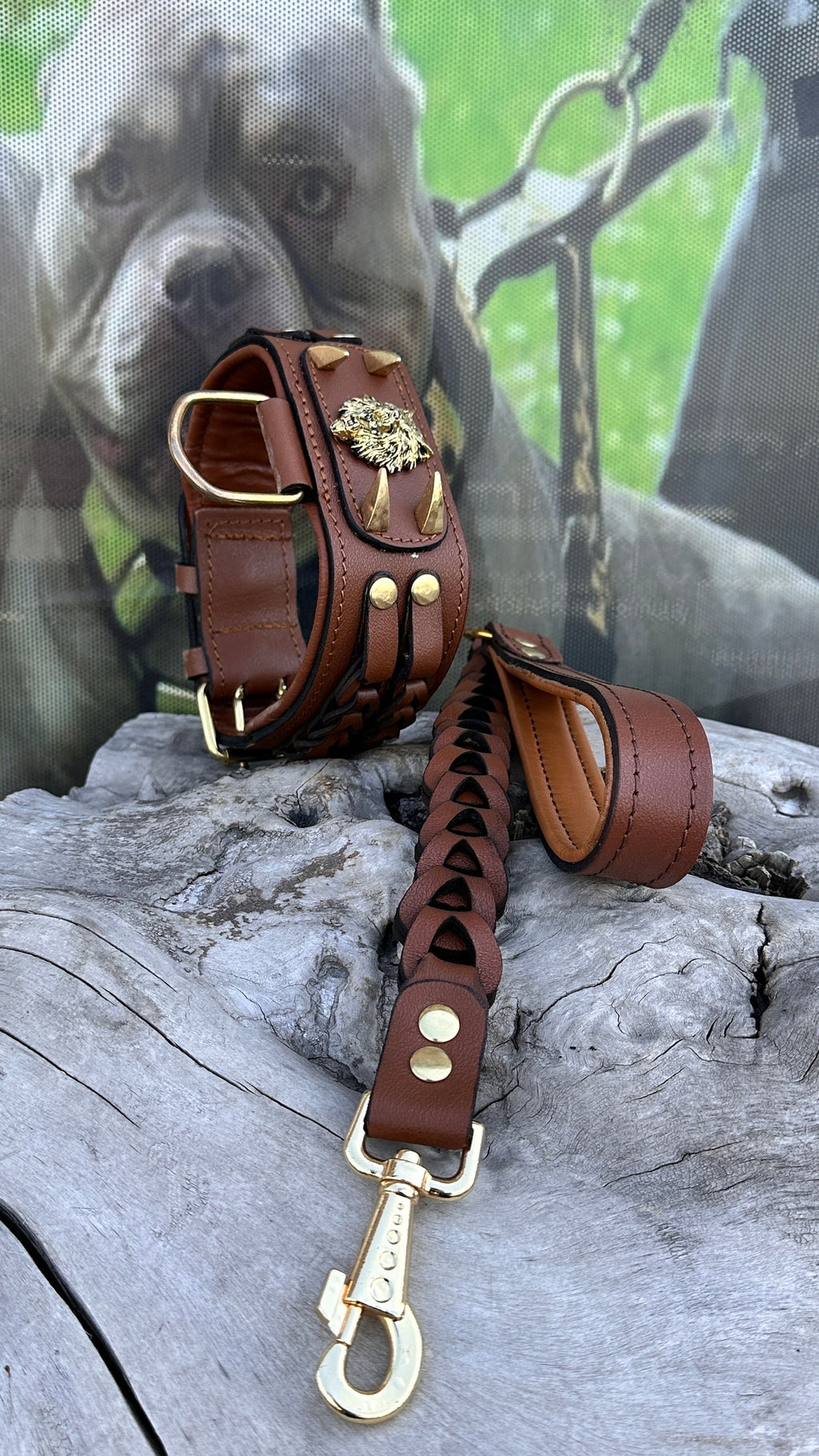 Handmade Braided Leather Dog Collar: Wolf Emblem, Large Breeds