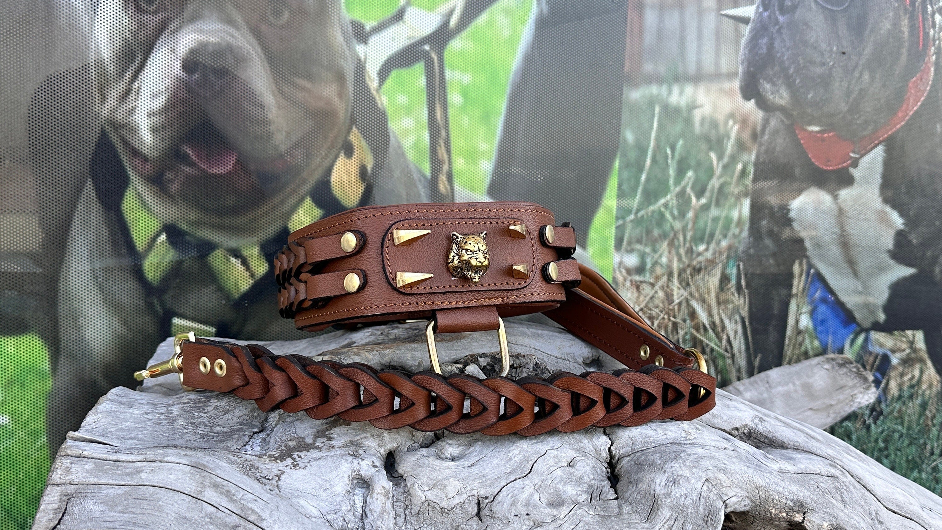 Handmade Braided Leather Dog Collar: Wolf Emblem, Large Breeds