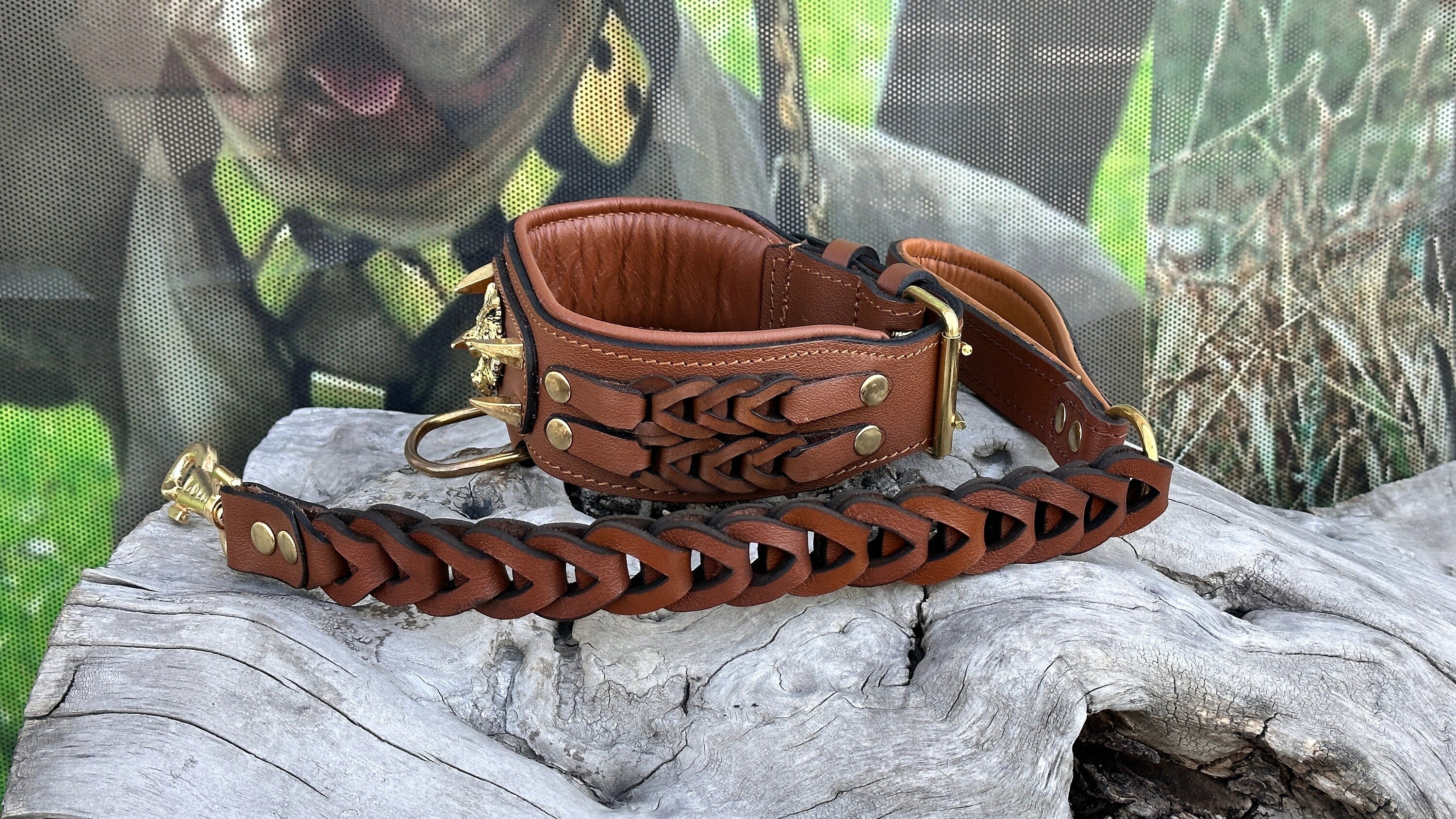 Handmade Braided Leather Dog Collar: Wolf Emblem, Large Breeds