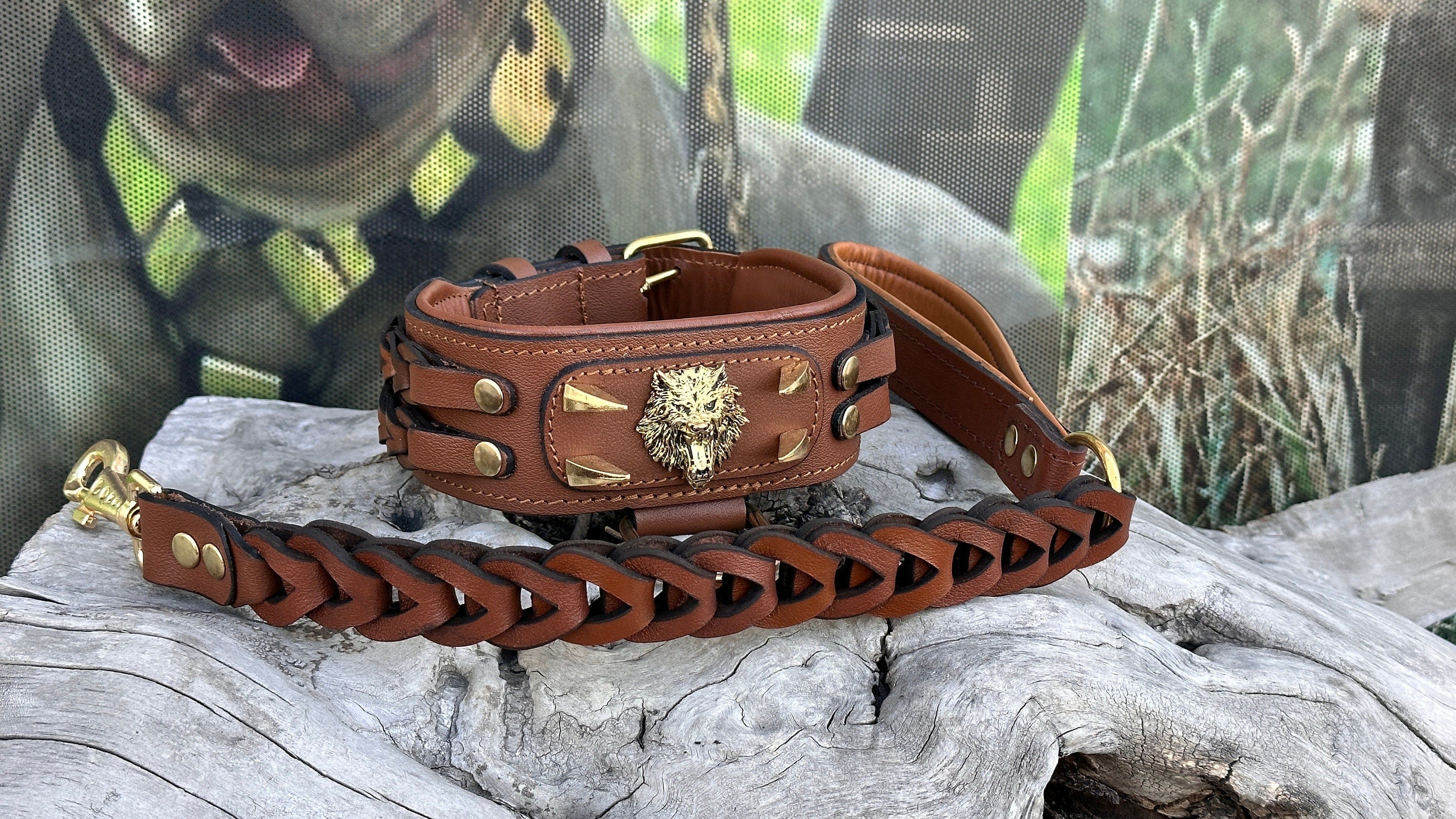 Handmade Braided Leather Dog Collar: Wolf Emblem, Large Breeds