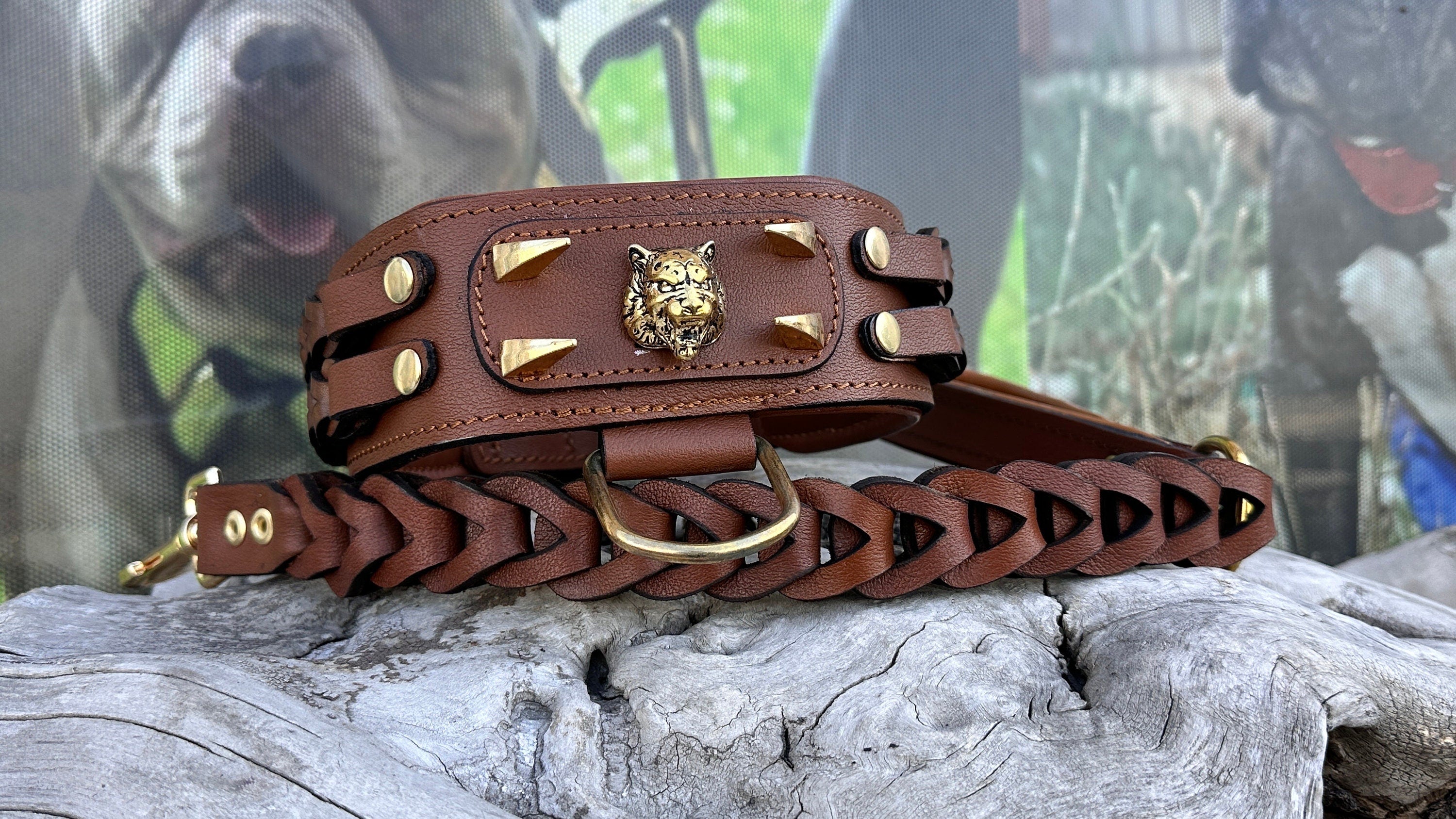 Handmade Braided Leather Dog Collar: Wolf Emblem, Large Breeds