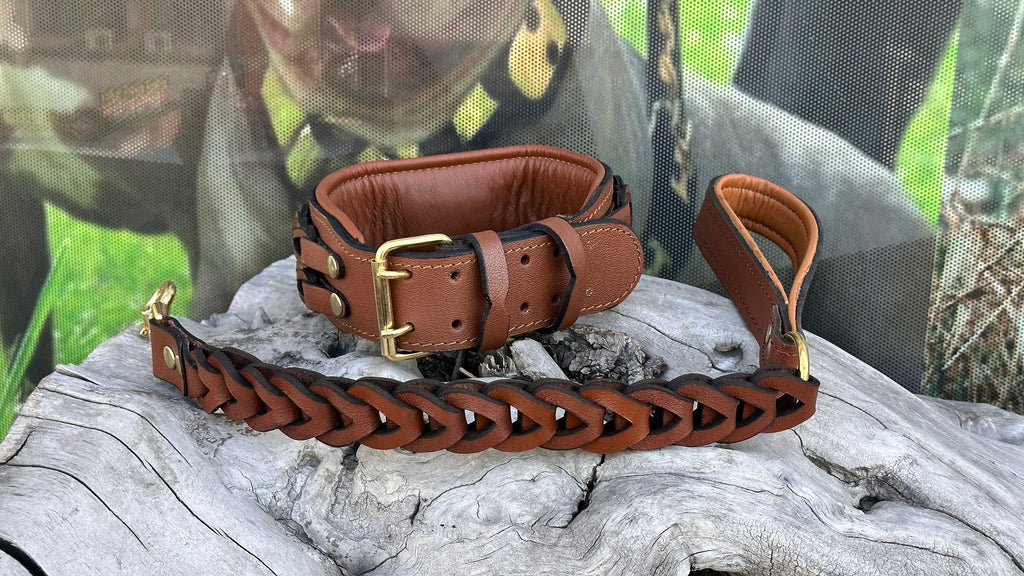 Handmade Braided Leather Dog Collar: Wolf Emblem, Large Breeds