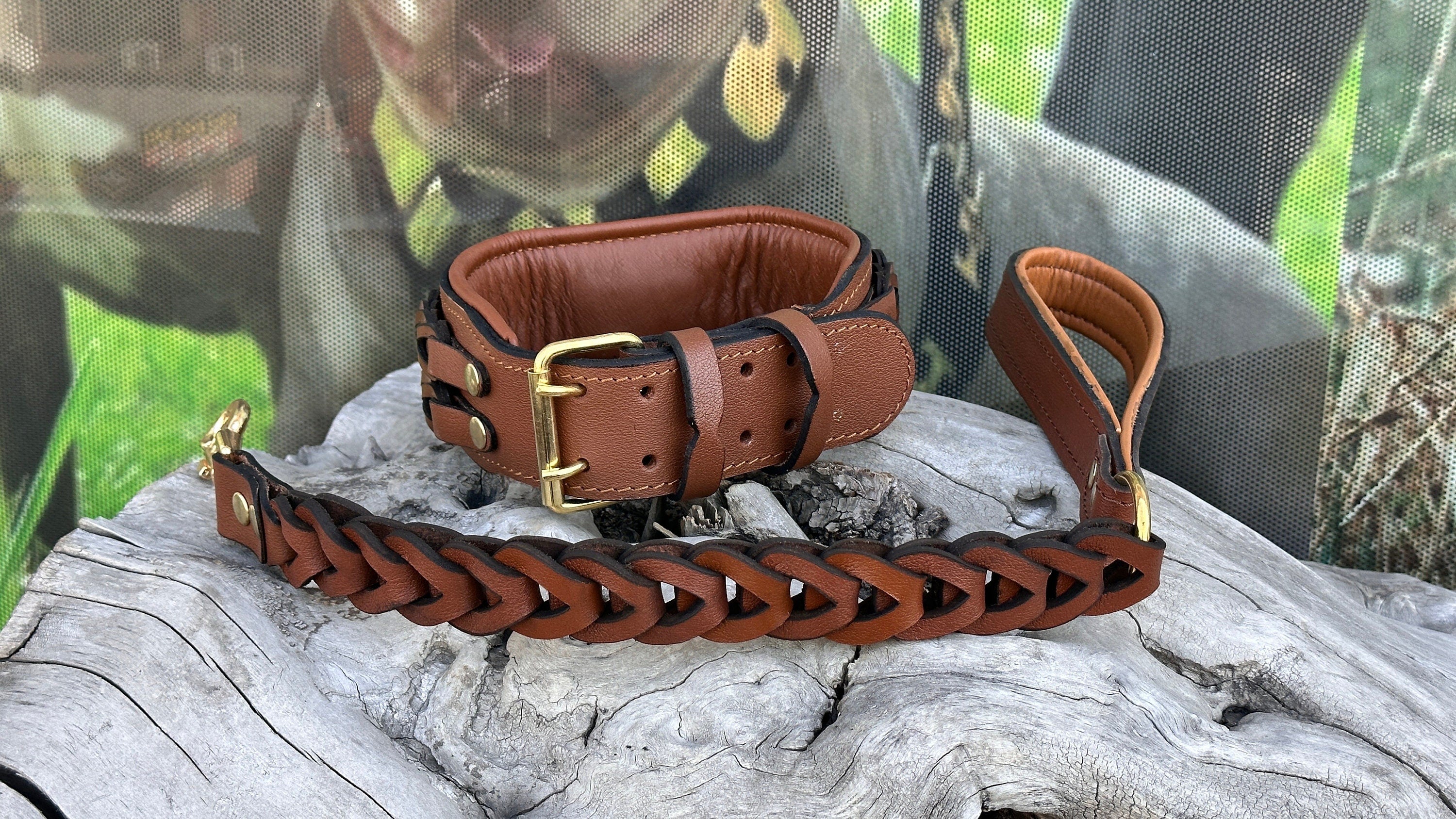 Handmade Braided Leather Dog Collar: Wolf Emblem, Large Breeds