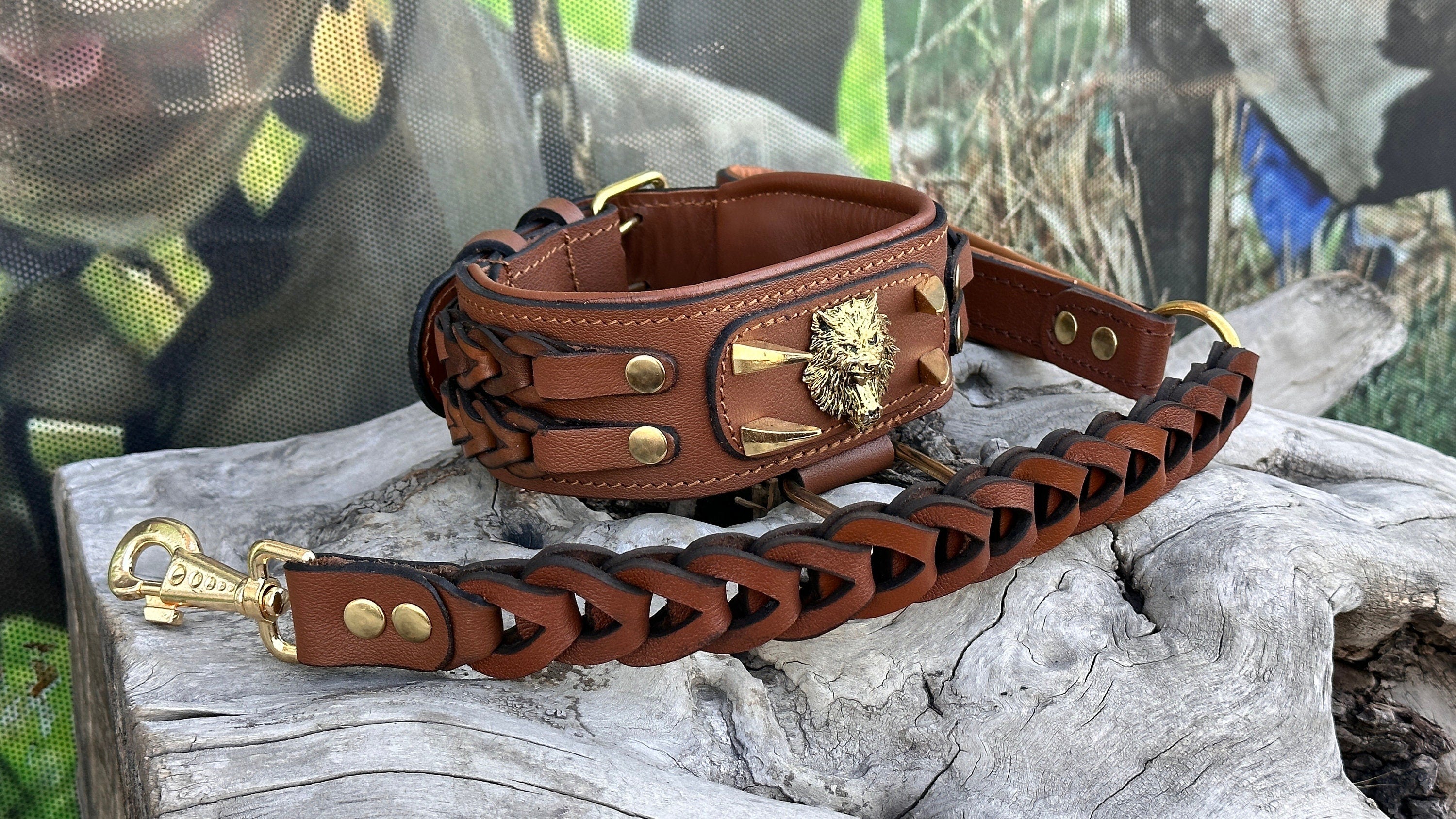 Handmade Braided Leather Dog Collar: Wolf Emblem, Large Breeds