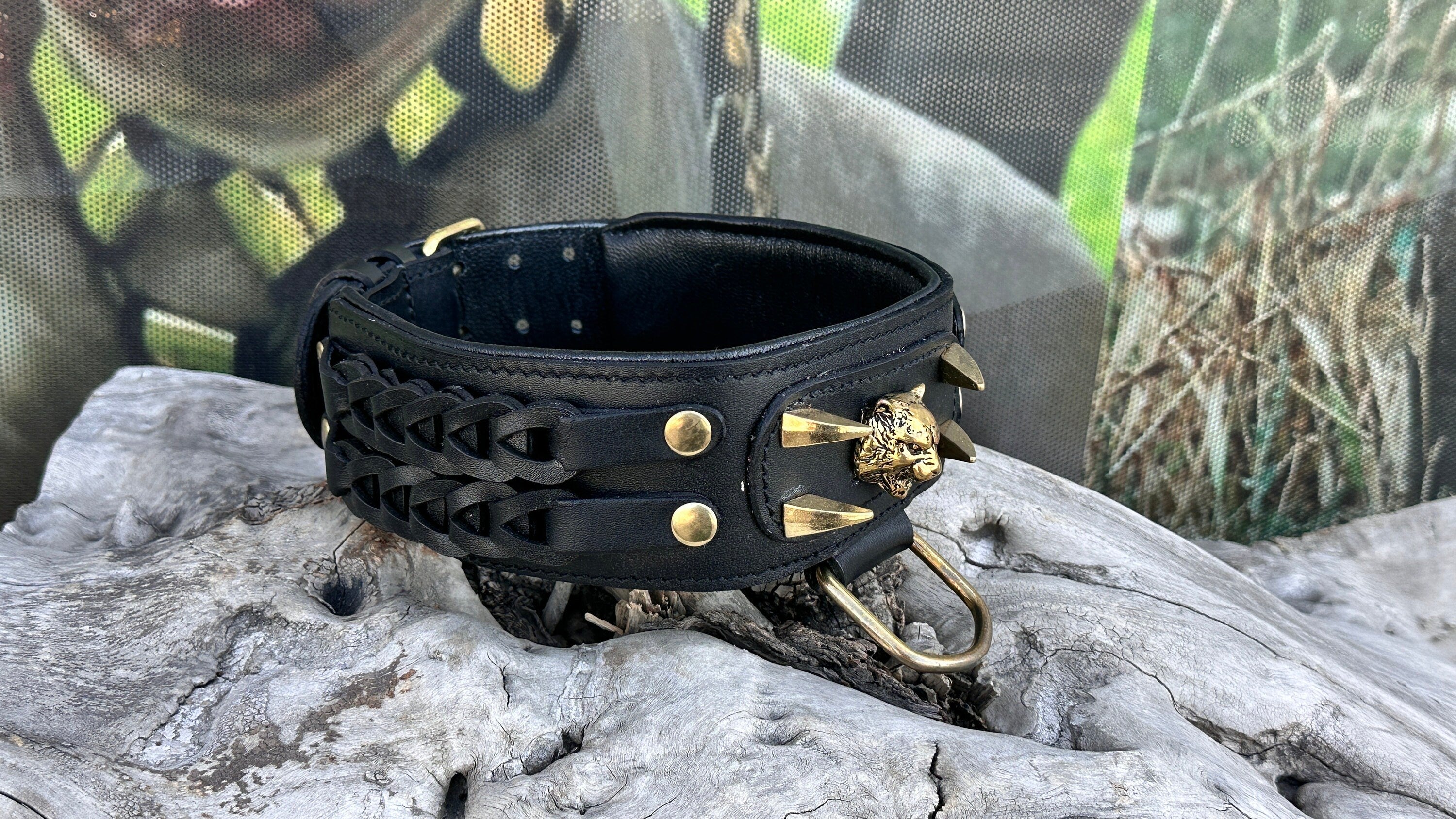 Handmade Braided Black Leather Dog Collar | Lion Logo, Large Breeds
