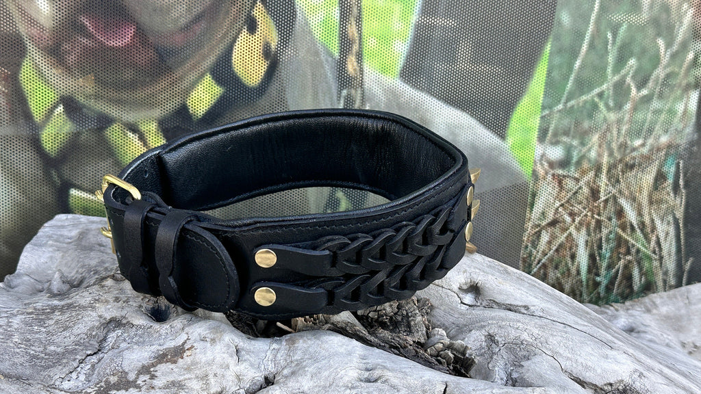 Handmade Braided Black Leather Dog Collar | Lion Logo, Large Breeds
