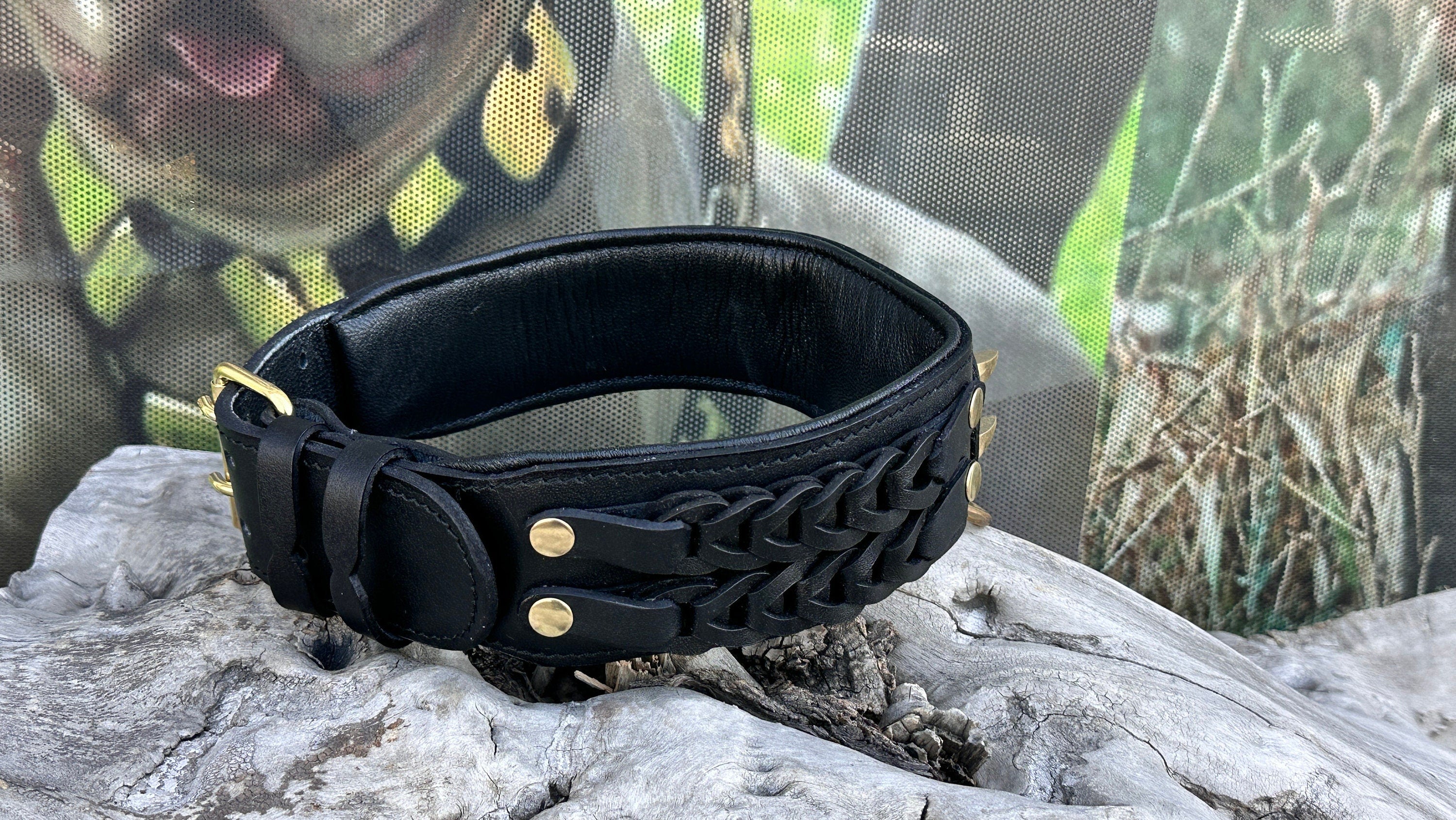 Handmade Braided Black Leather Dog Collar | Lion Logo, Large Breeds