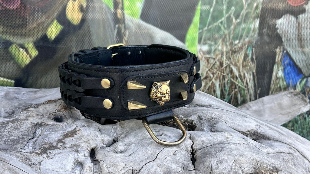 Handmade Braided Black Leather Dog Collar | Lion Logo, Large Breeds