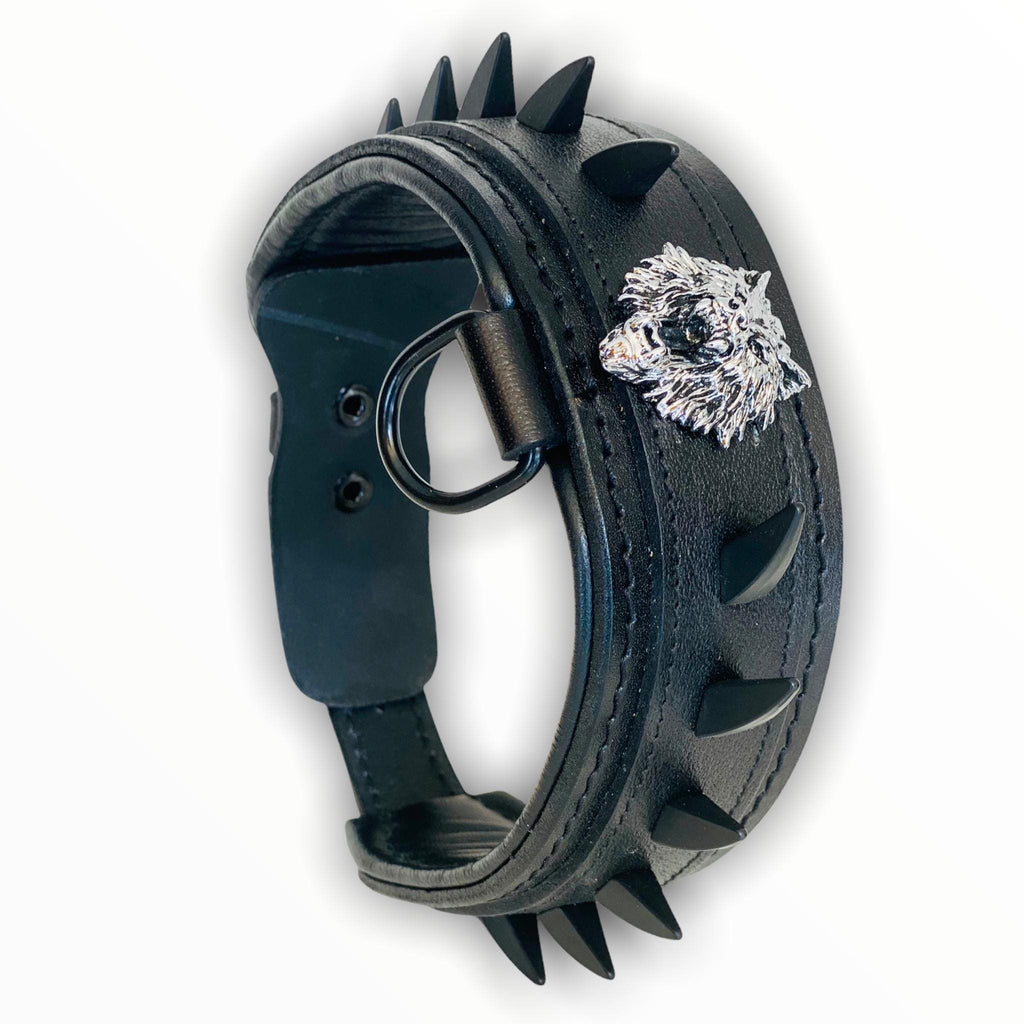 Handmade Black Leather Dog Collar: Wolf Logo & Spikes, 5cm Wide