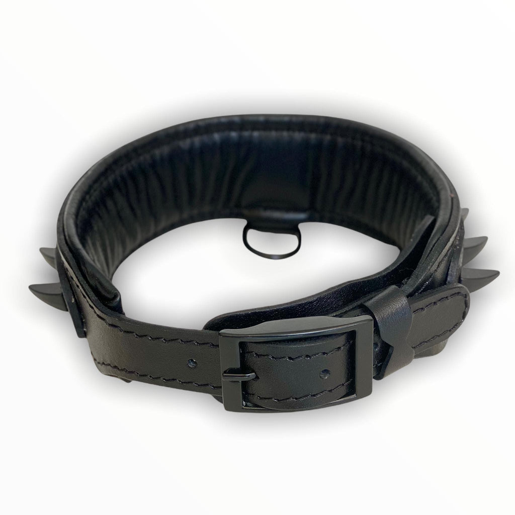 Handmade Black Leather Dog Collar: Wolf Logo & Spikes, 5cm Wide
