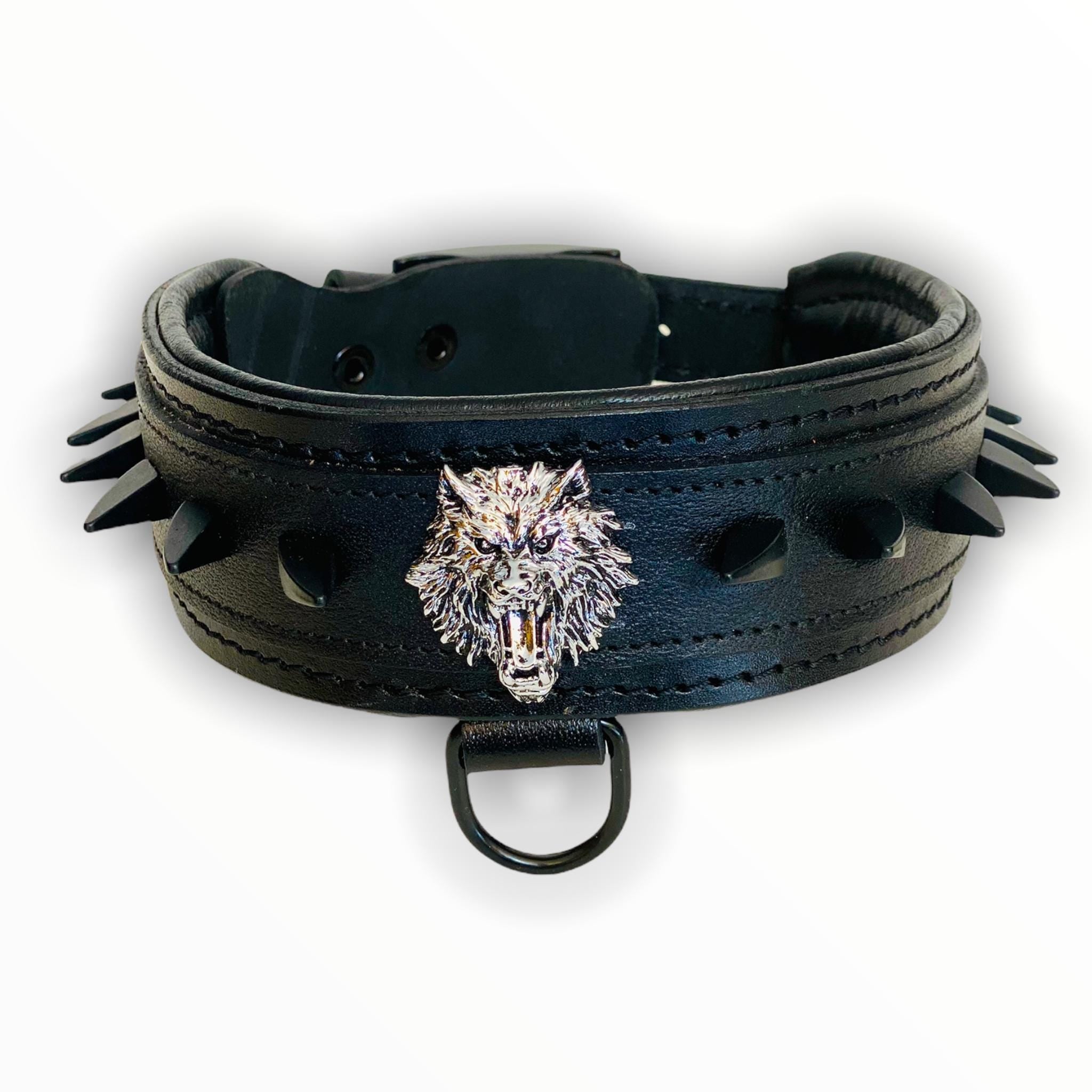 Handmade Black Leather Dog Collar: Wolf Logo & Spikes, 5cm Wide